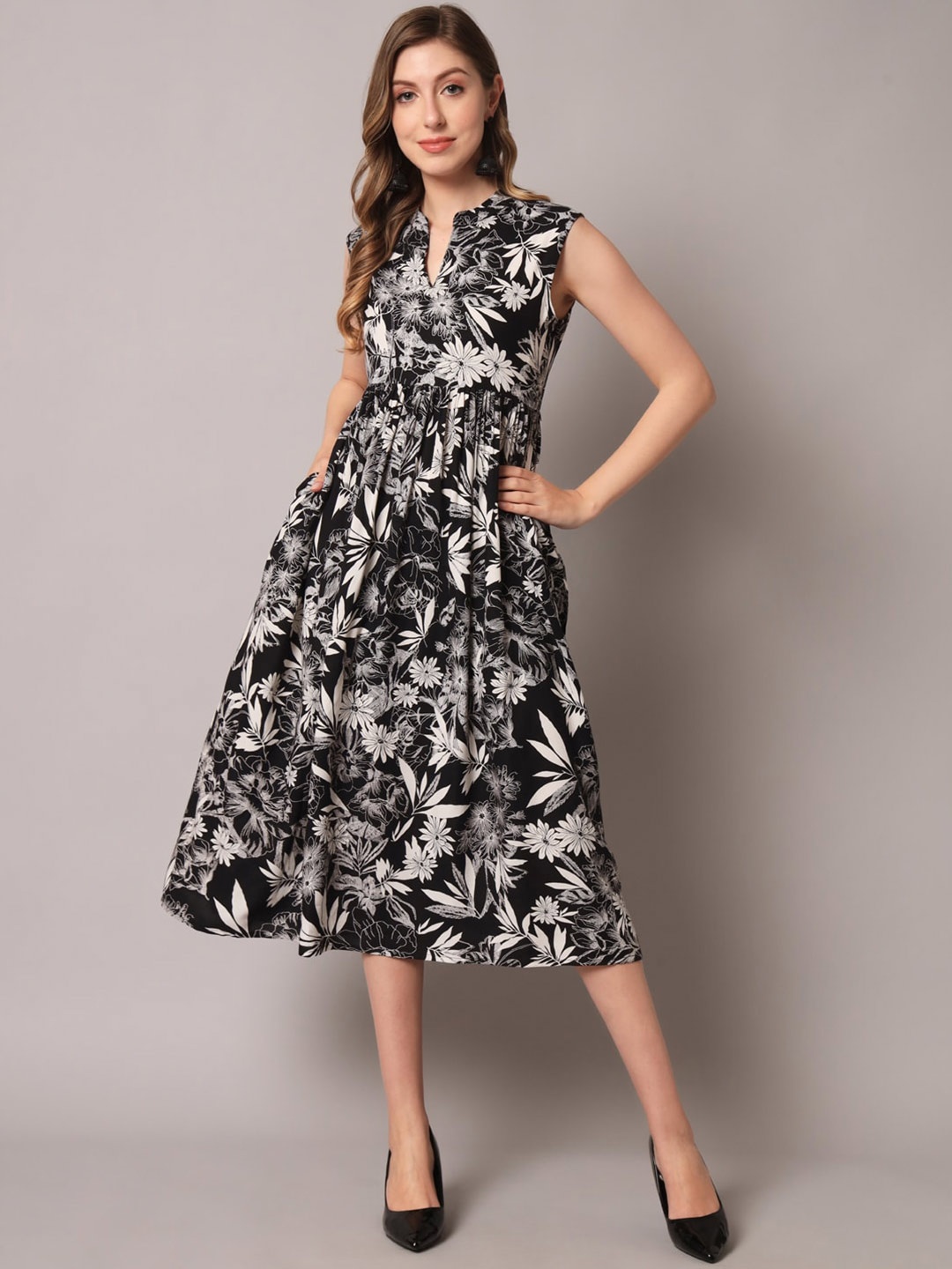 

DECKEDUP Floral Printed Mandarin Collar Gathered Fit & Flare Midi Dress, Black
