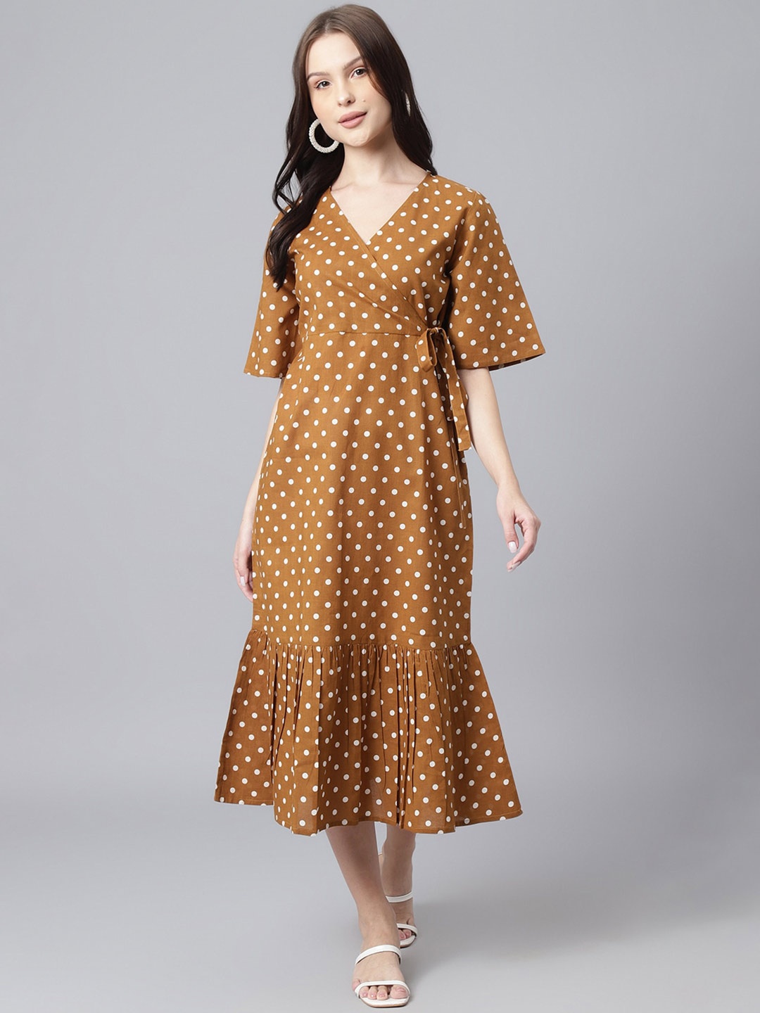 

DECKEDUP Polka Dots Printed V-Neck Flared Sleeves Tie-Ups A-Line Midi Dress, Mustard