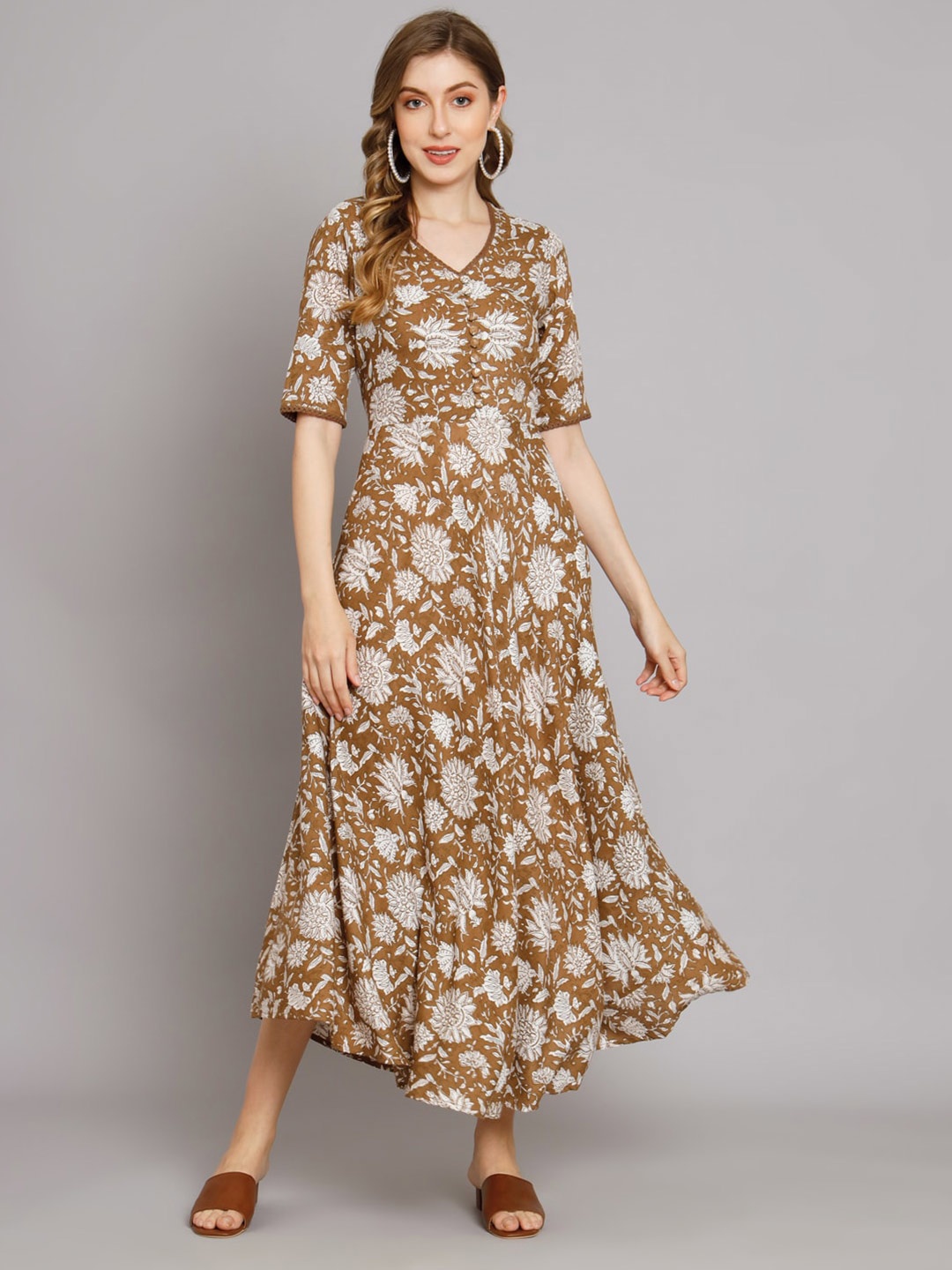 

DECKEDUP Floral Printed V-Neck A-Line Midi Dress, Brown