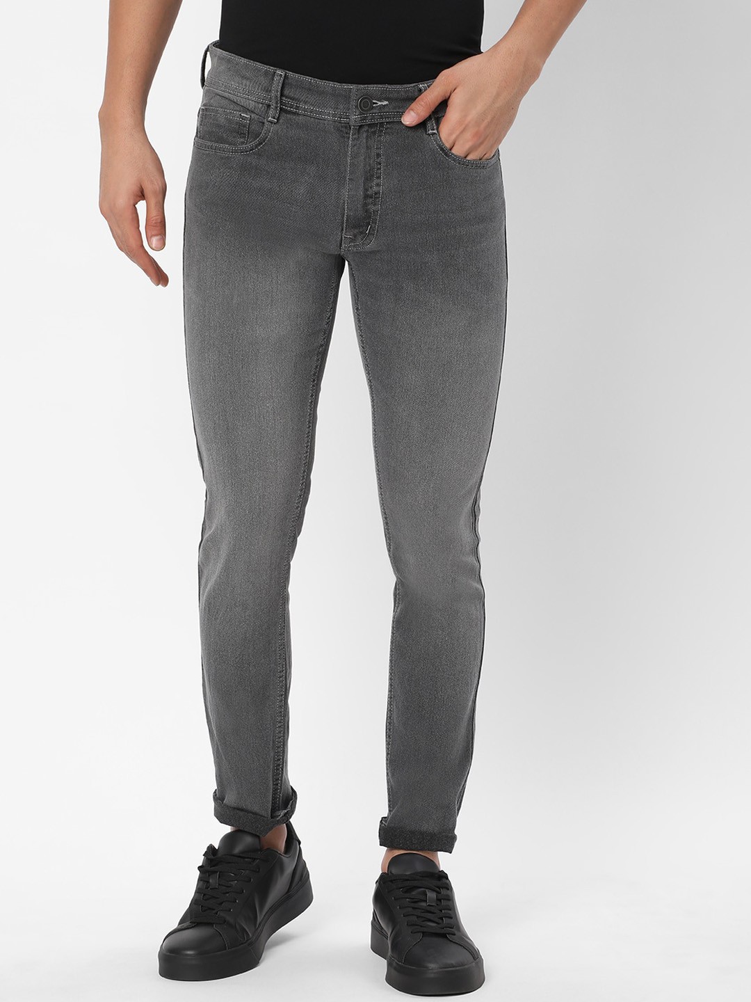 

R&B Men Skinny Fit Heavy Fade Clean Look Cotton Jeans, Grey