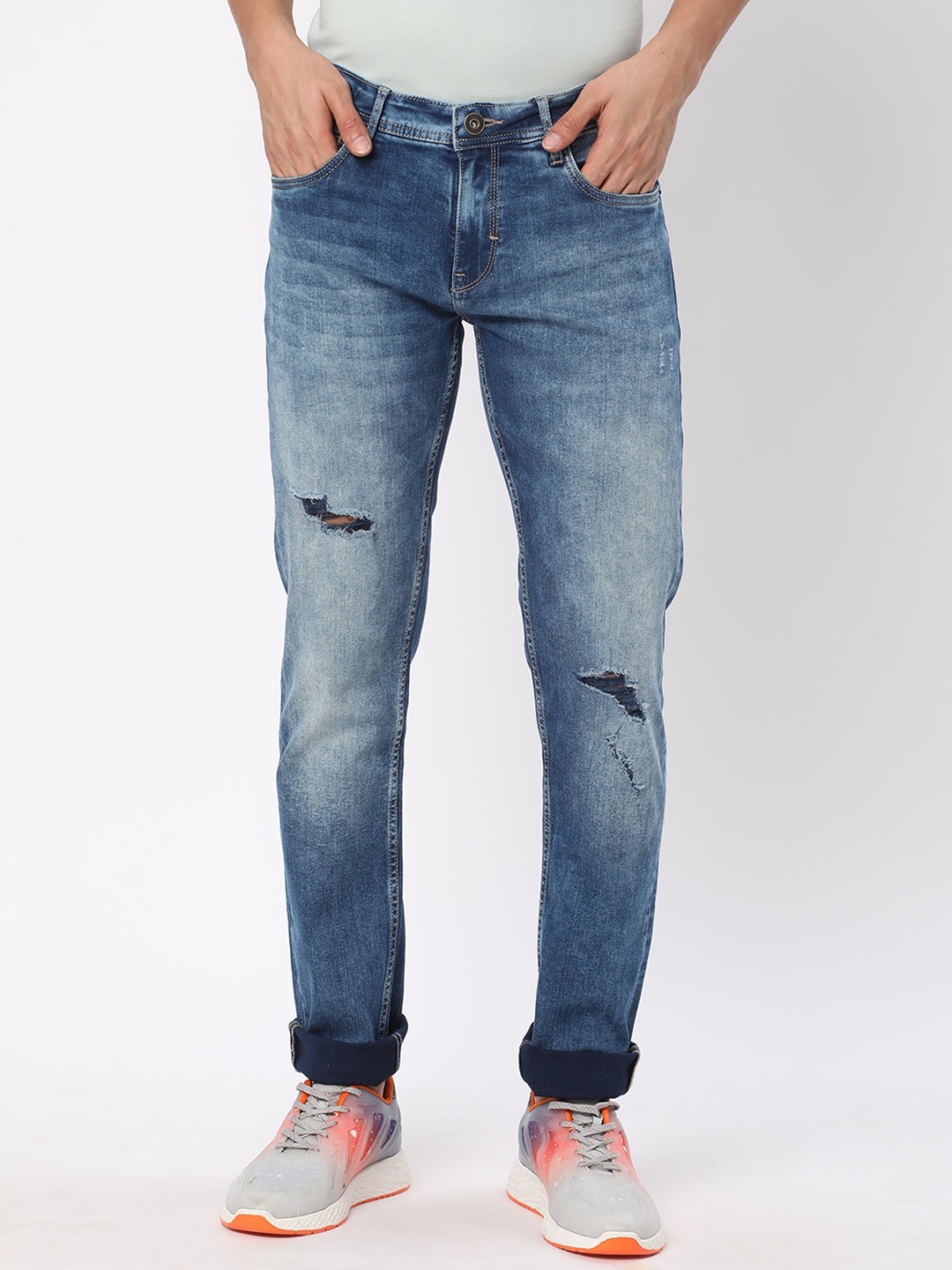 

R&B Men Slim Fit Highly Distressed Heavy Fade Cotton Jeans, Blue
