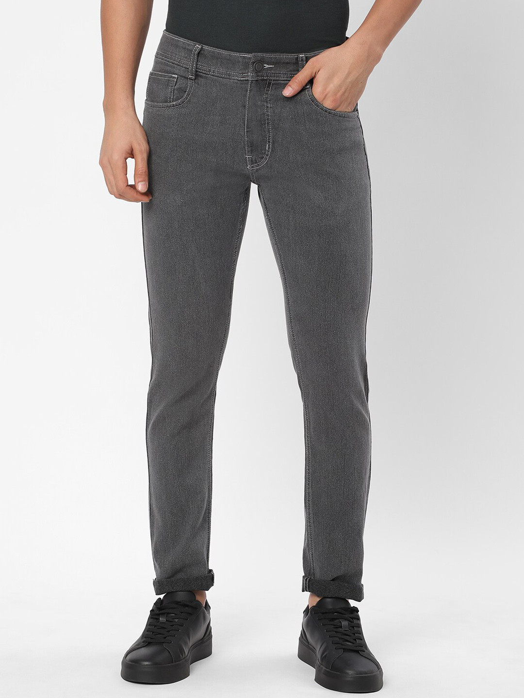 

R&B Men Mid-Rise Clean Look Skinny Fit Light Fade Cotton Jeans, Grey