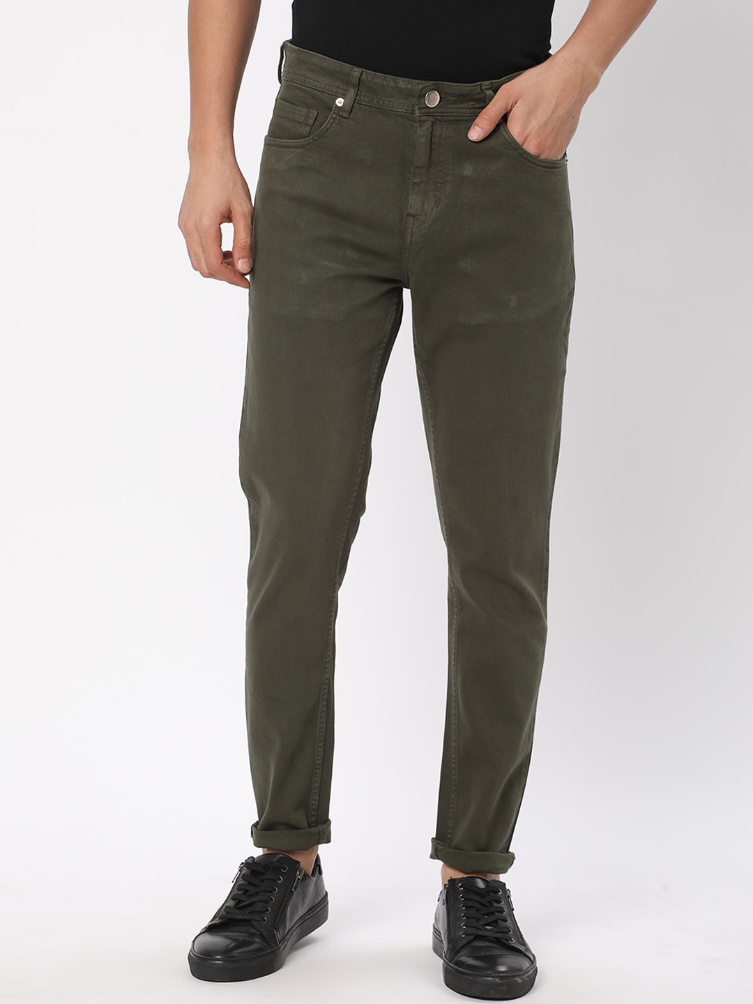 

R&B Men Mid-Rise Clean Look Tapered Fit Cotton Jeans, Olive