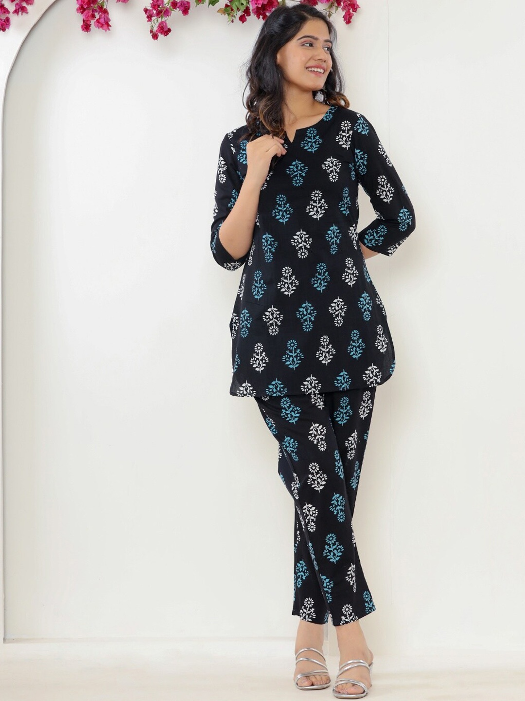 

VEDANA Printed Pure Cotton Tunic With Trousers, Black