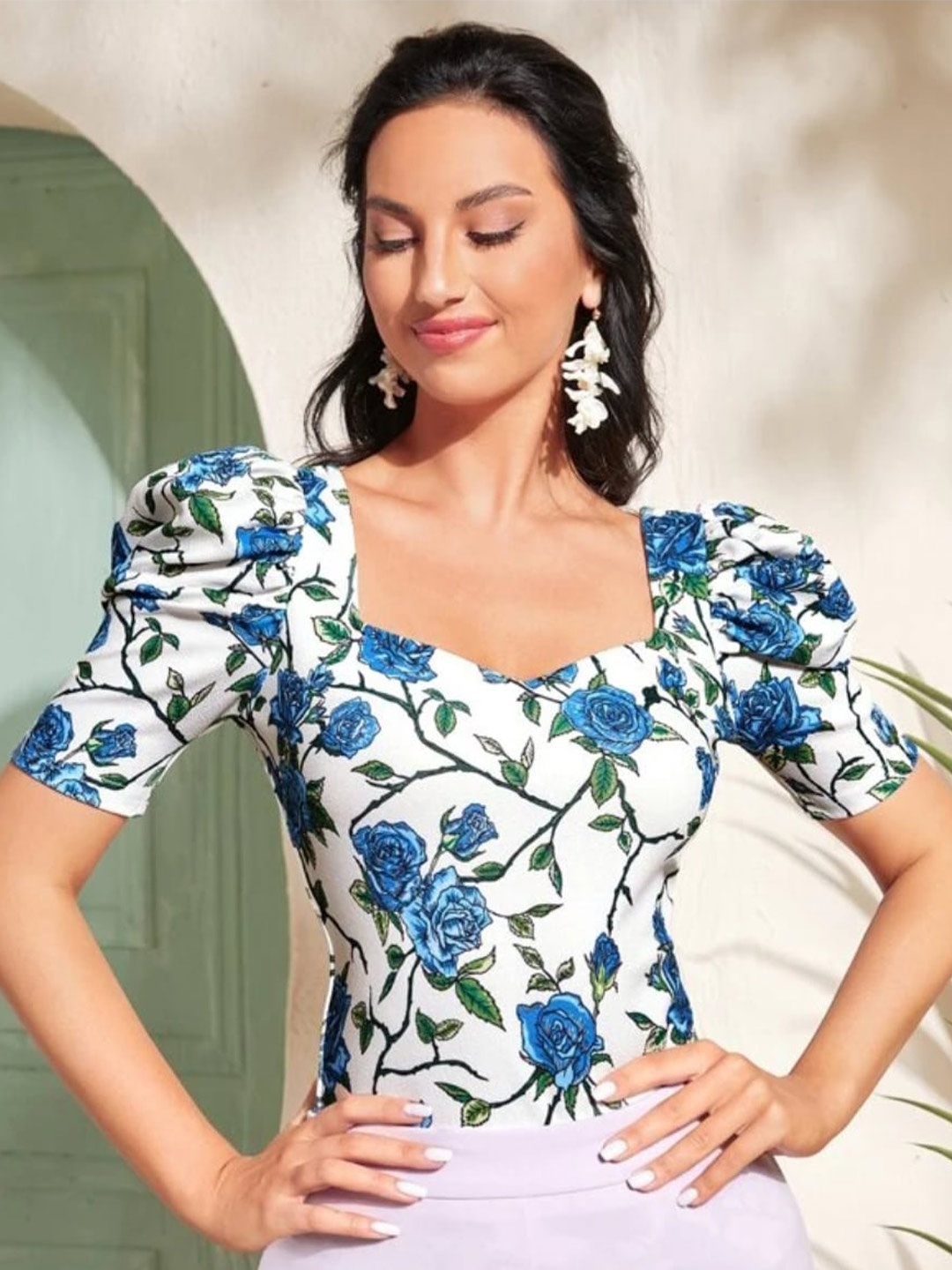 

Dream Beauty Fashion Floral Printed Sweetheart Neck Top, Blue