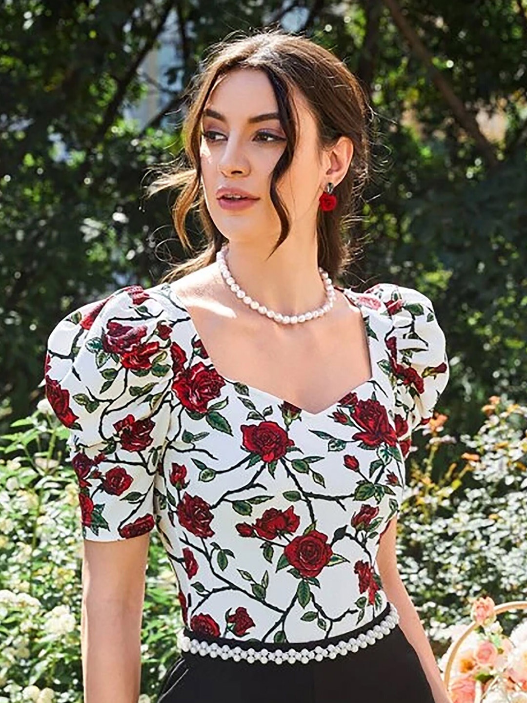 

Dream Beauty Fashion Floral Printed Sweetheart Neck Top, Red