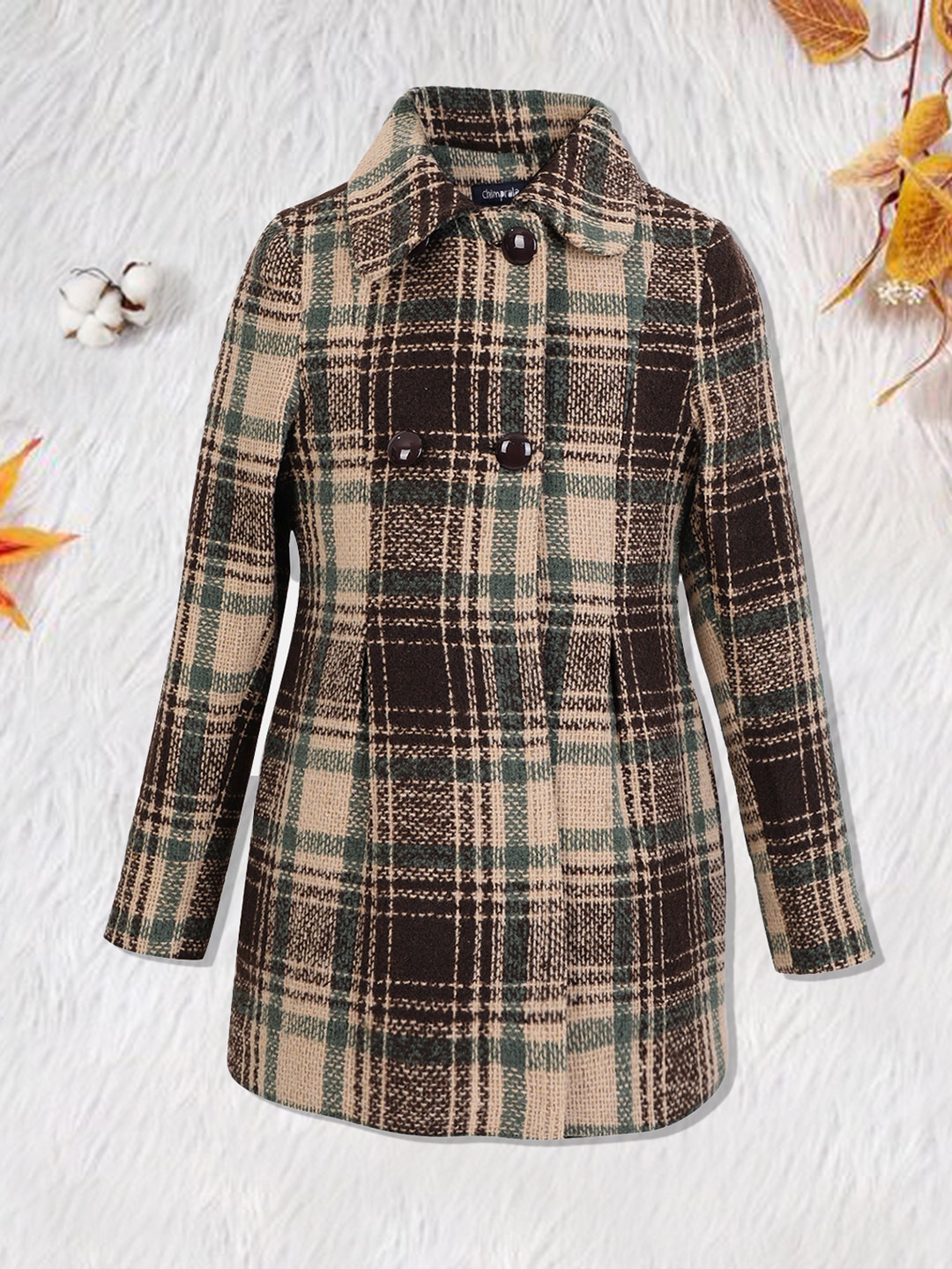 

CHIMPRALA Girls Checked Longline Woollen Trench Coat, Beige