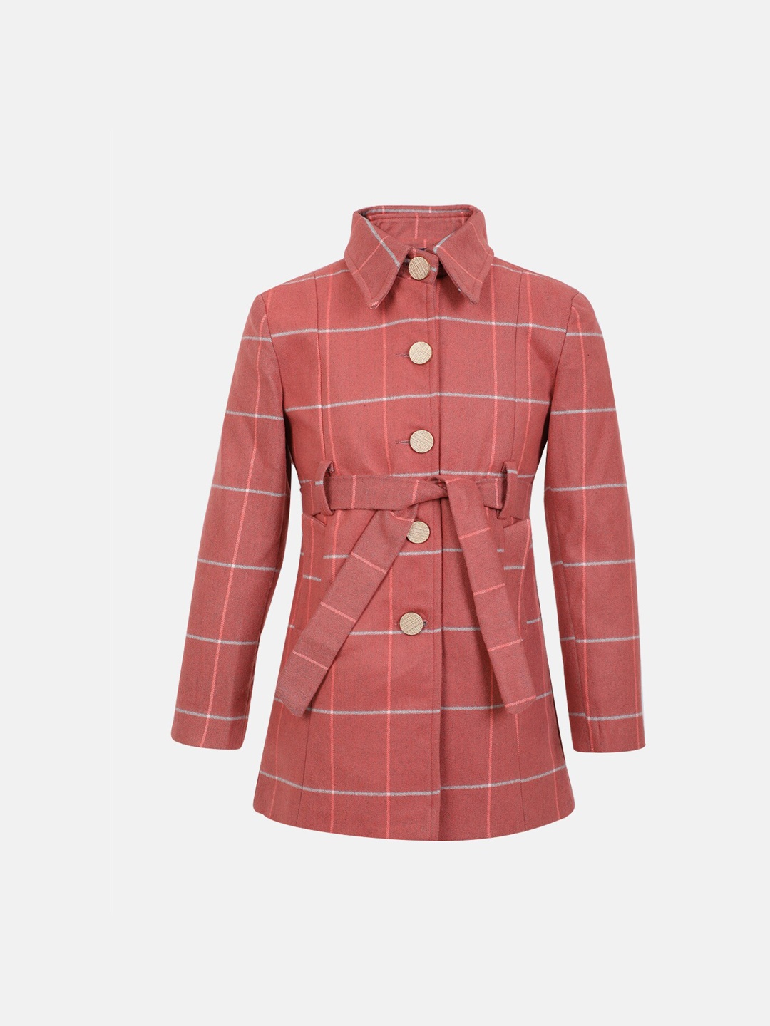 

CHIMPRALA Girls Checked Woollen Single-Breasted Trench Coat, Peach