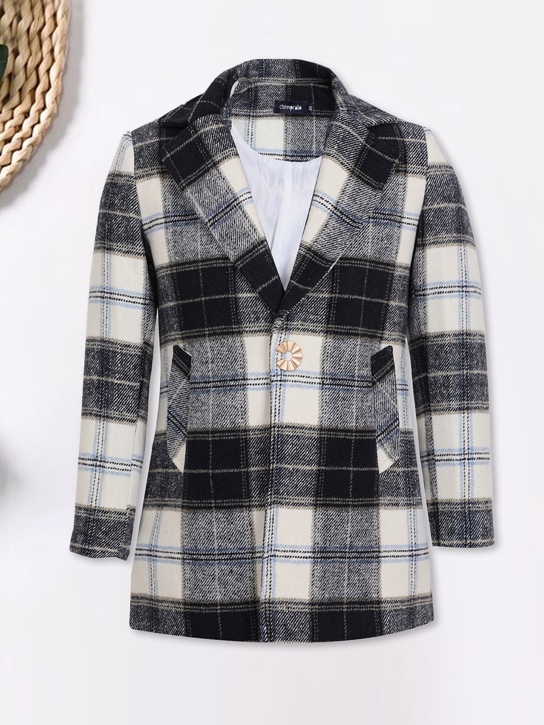 

CHIMPRALA Girls Checked Spread Collar Woollen Overcoat, White