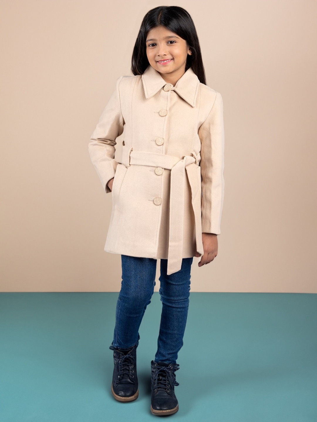 

CHIMPRALA Girls Solid Spread Collar Wollen Overcoat, Beige