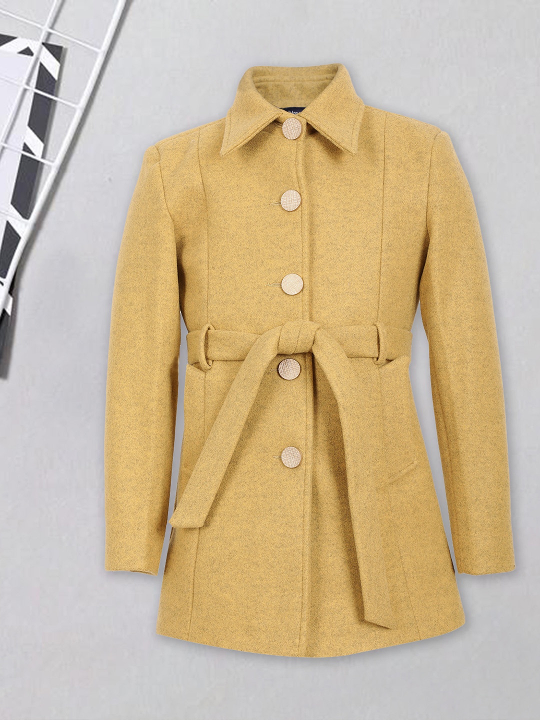 

CHIMPRALA Girls Woollen Longline Trench Coat, Yellow