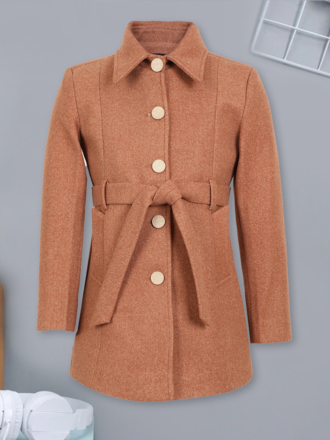 

CHIMPRALA Girls Woollen Longline Trench Coat, Brown