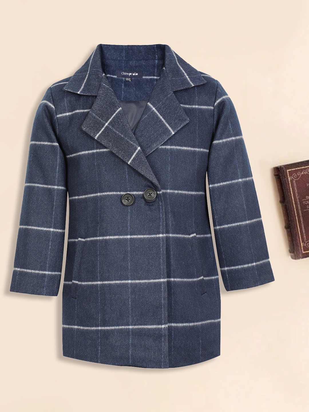 

CHIMPRALA Girls Striped Woollen Longline Trench Coat, Navy blue