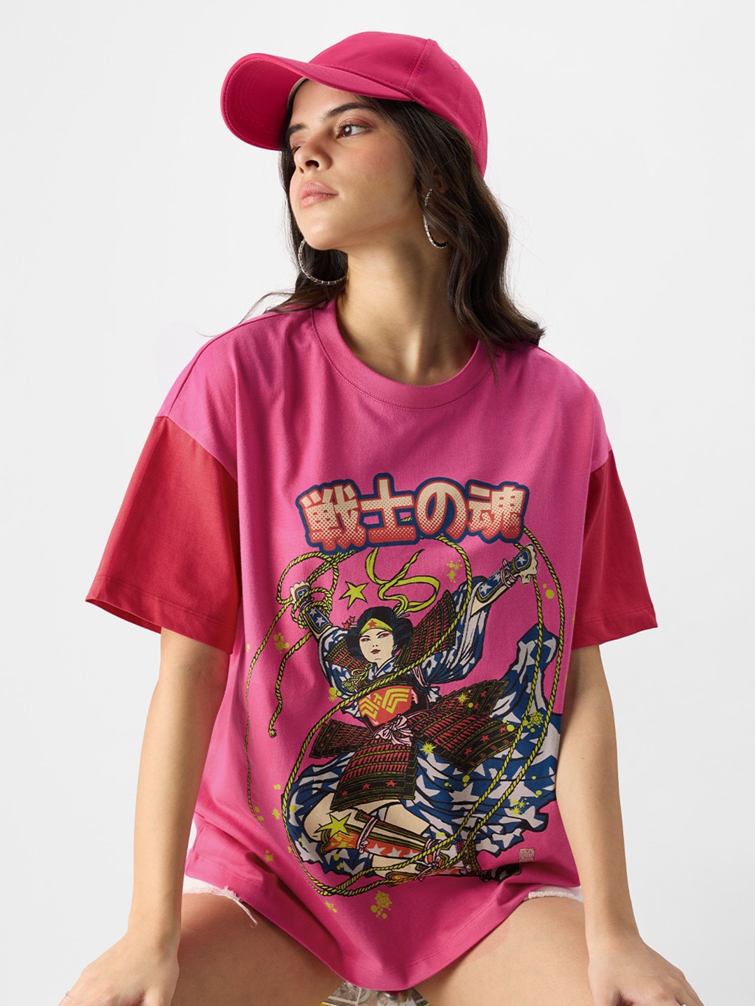 

The Souled Store Wonder Woman Printed Oversized Pure Cotton T-shirt, Pink