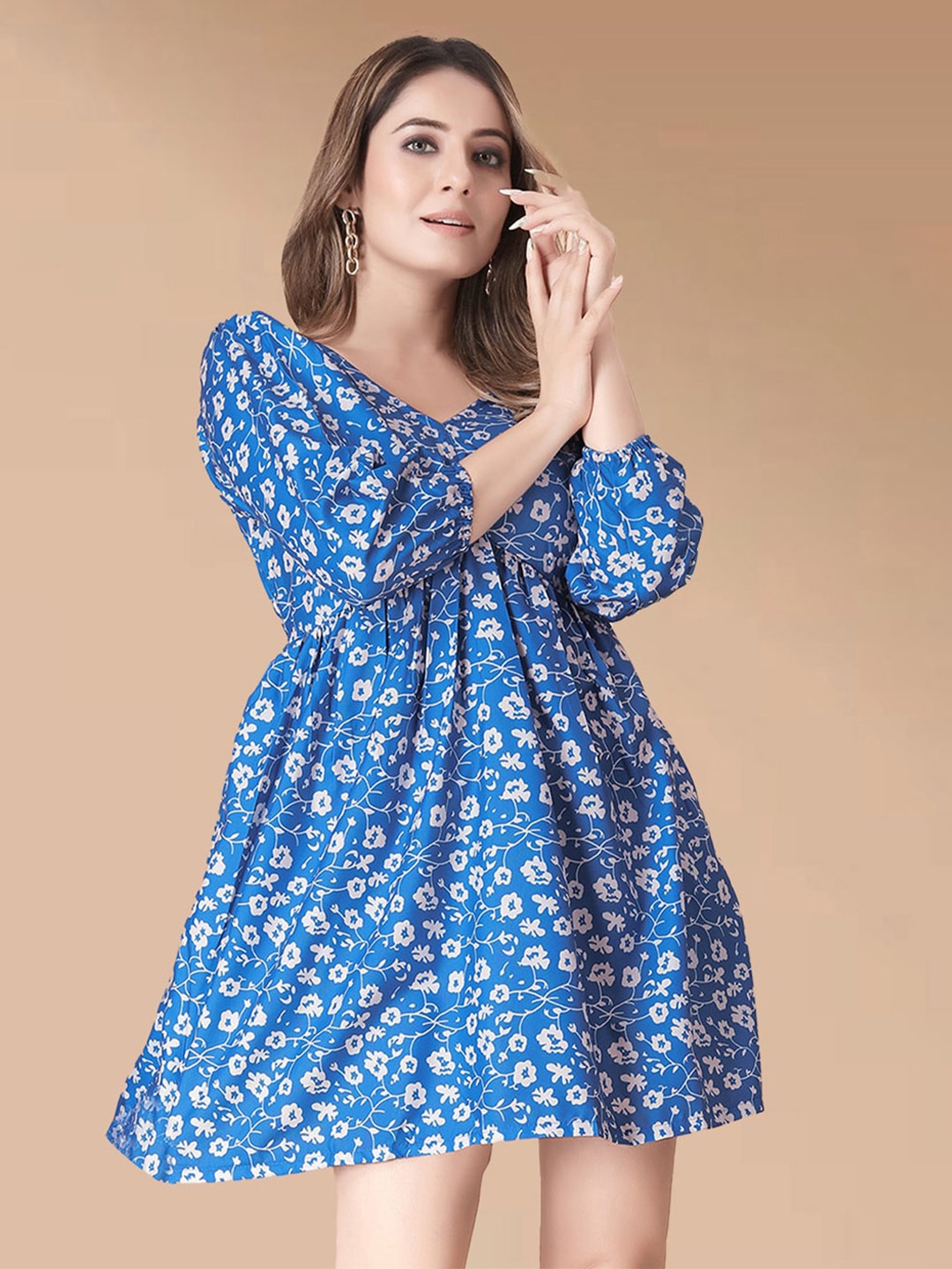

N N ENTERPRISE Floral Printed Puff Sleeve Empire Dress, Blue