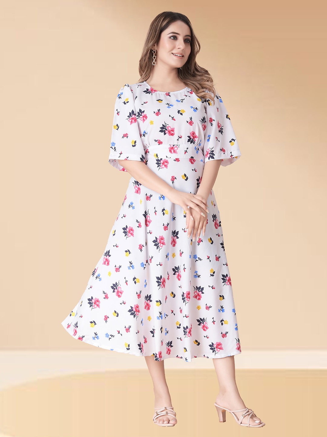 

N N ENTERPRISE Floral Printed Round Neck A-Line Midi Dress, White