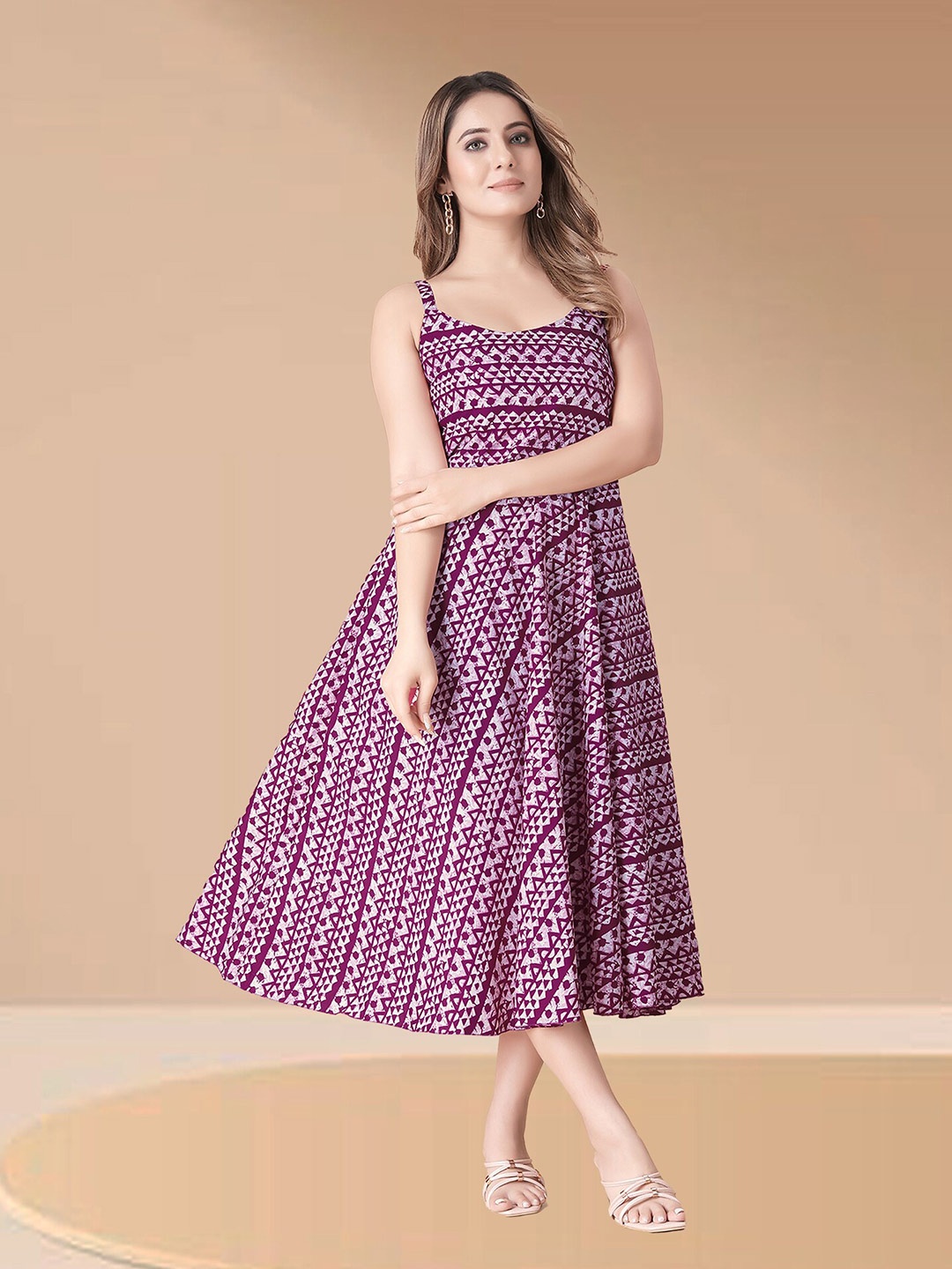 

N N ENTERPRISE Geometric Printed Shoulder Straps A-Line Midi Dress, Mauve