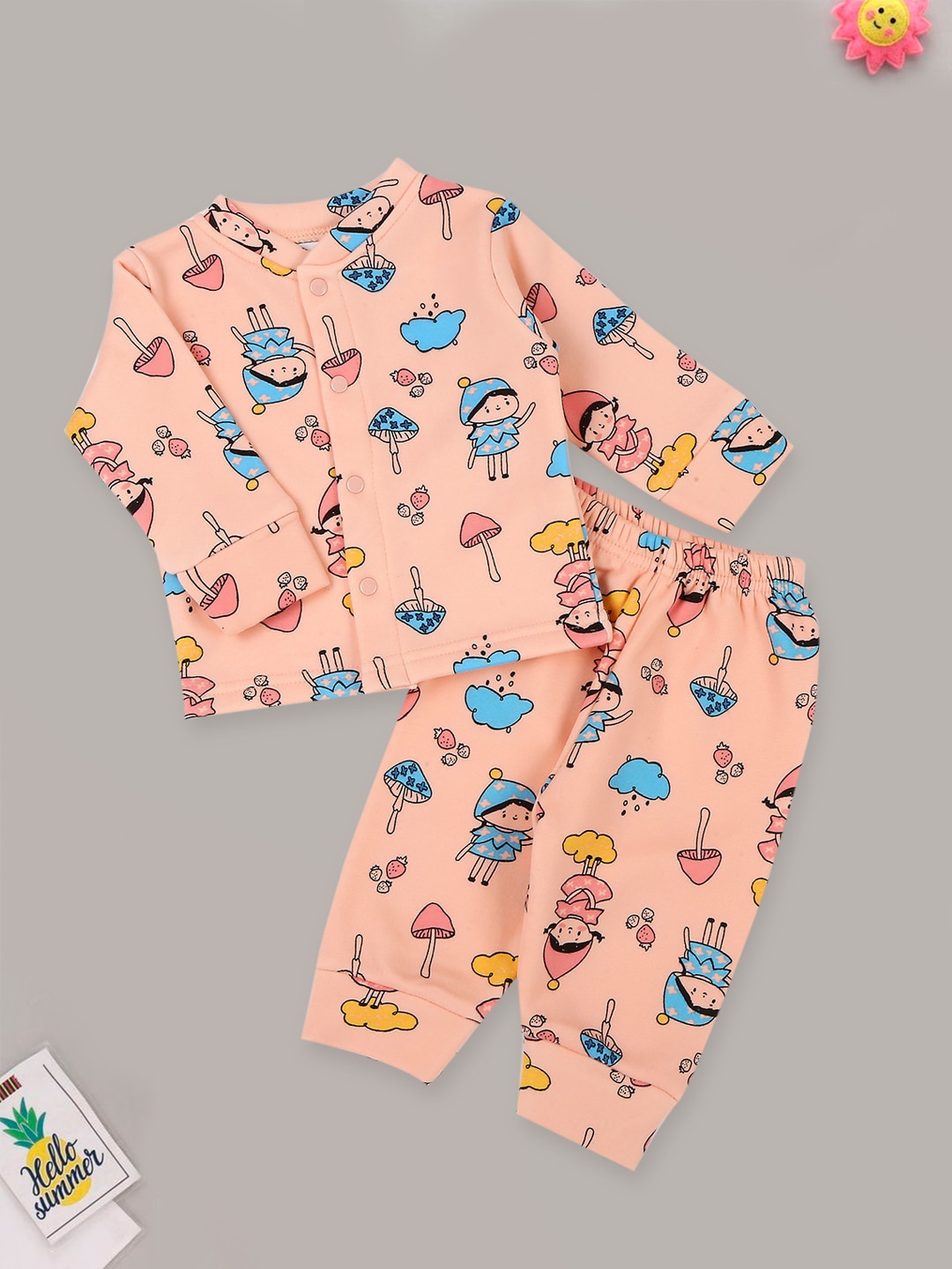 

MeeMee Kids Conversational Printed Comfortable Fit Shirt With Lounge pants, Peach