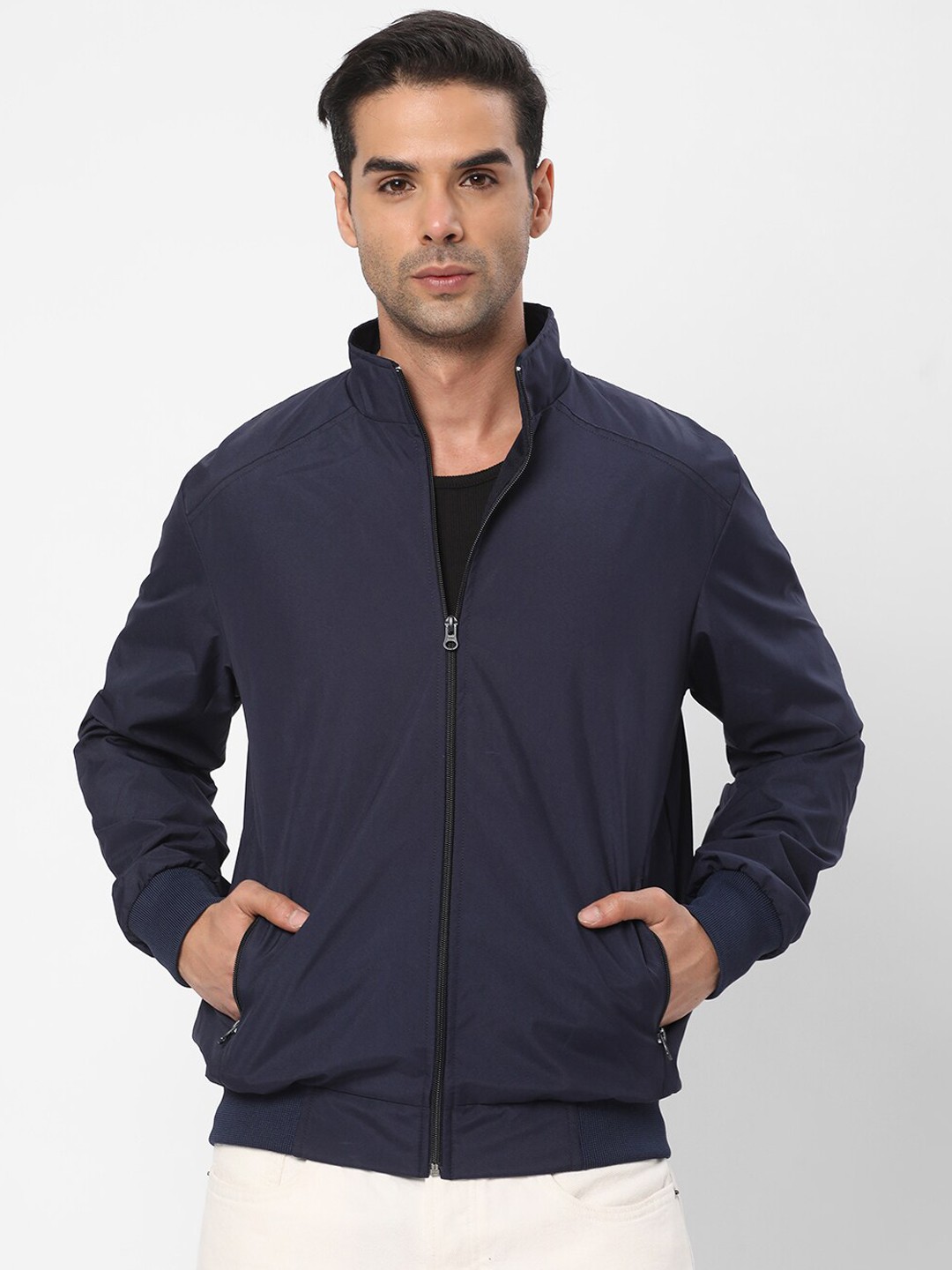 

R&B Stand Collar Bomber Jacket, Navy blue