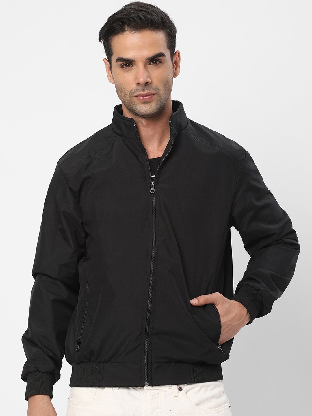 

R&B Stand Collar Bomber Jacket, Black