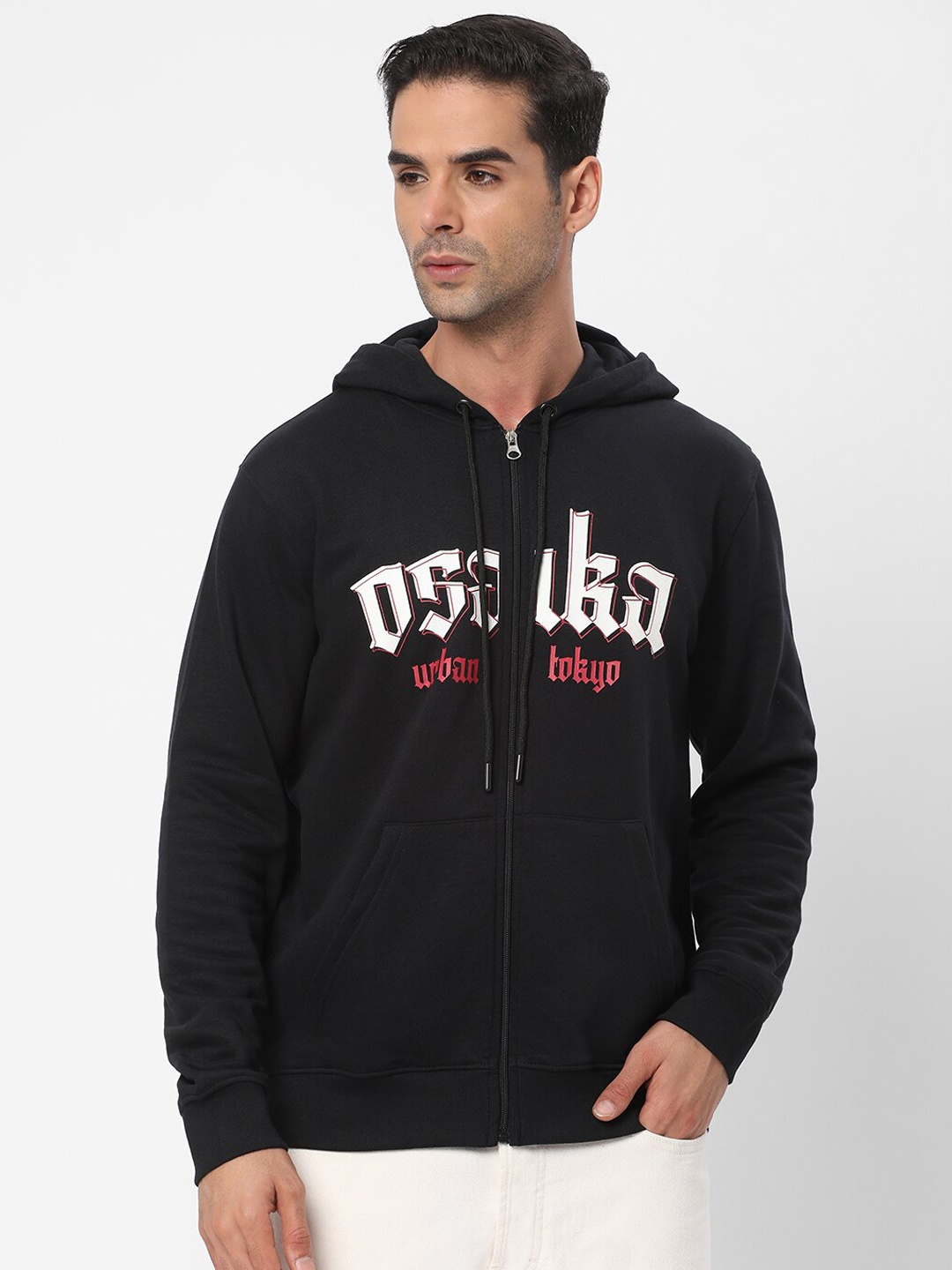 

R&B Typography Printed Front Open Sweatshirt, Black