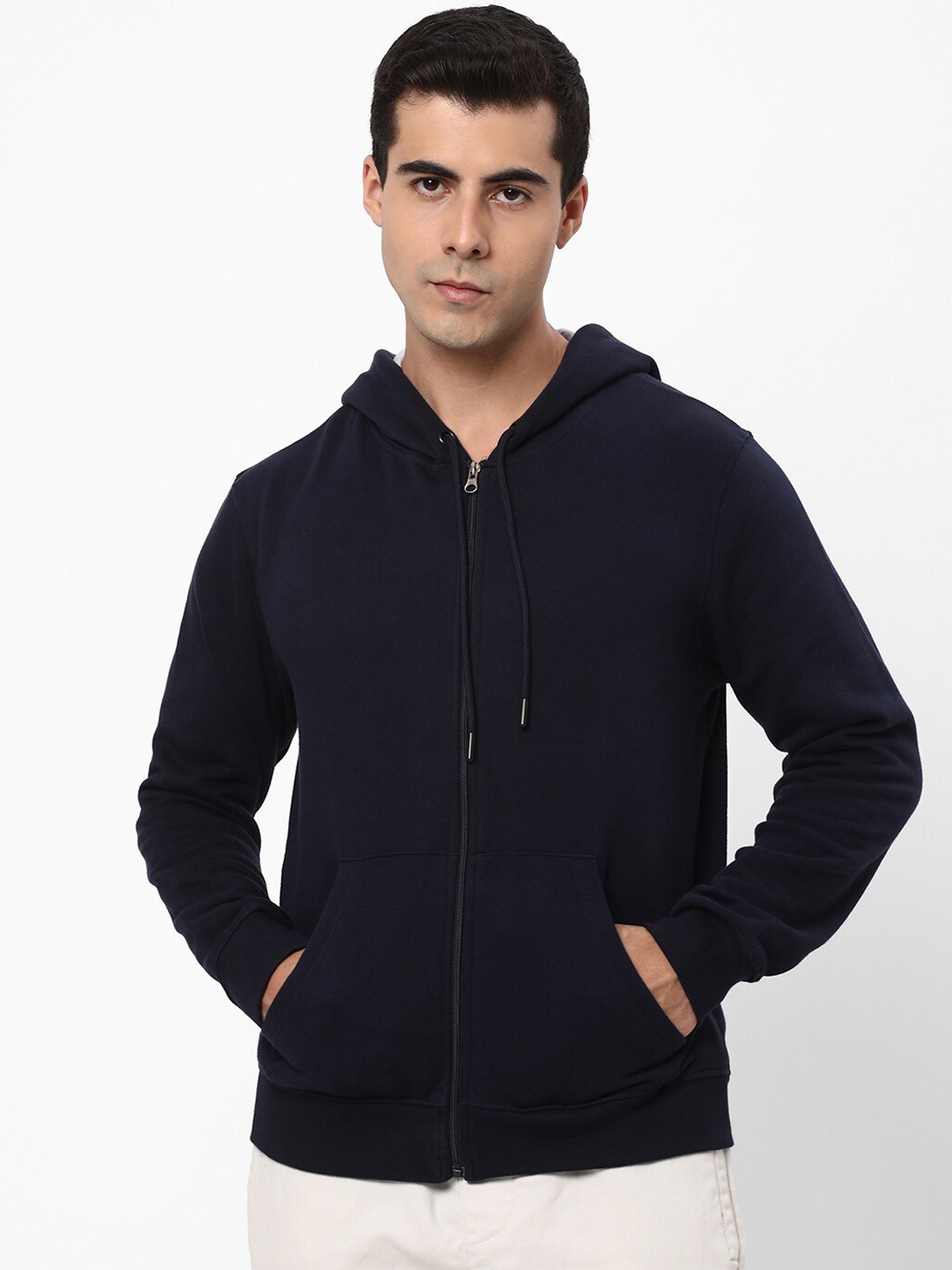 

R&B Hooded Long Sleeves Bomber Jacket, Navy blue