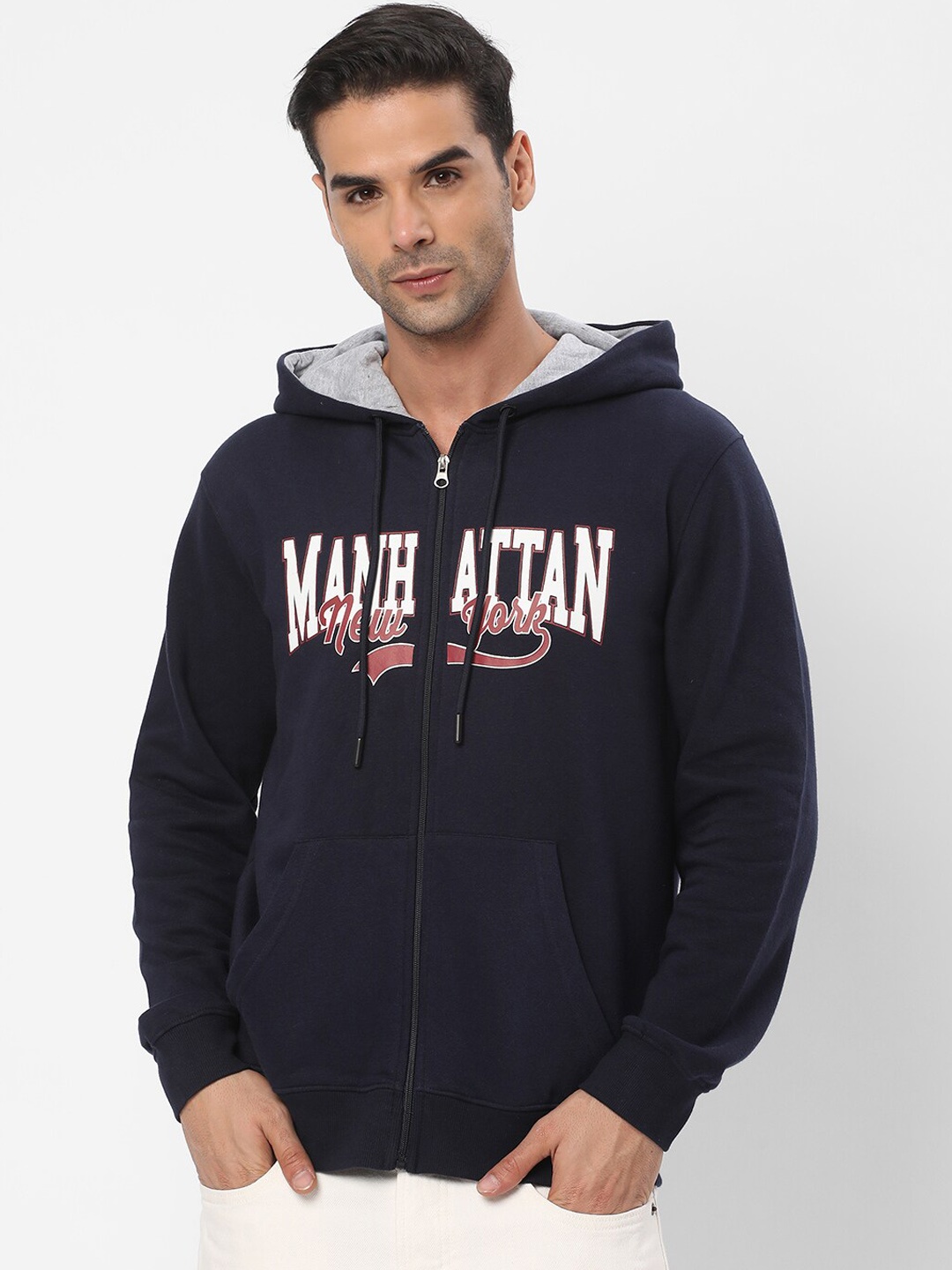 

R&B Typography Printed Hooded Cotton Bomber Jacket, Navy blue