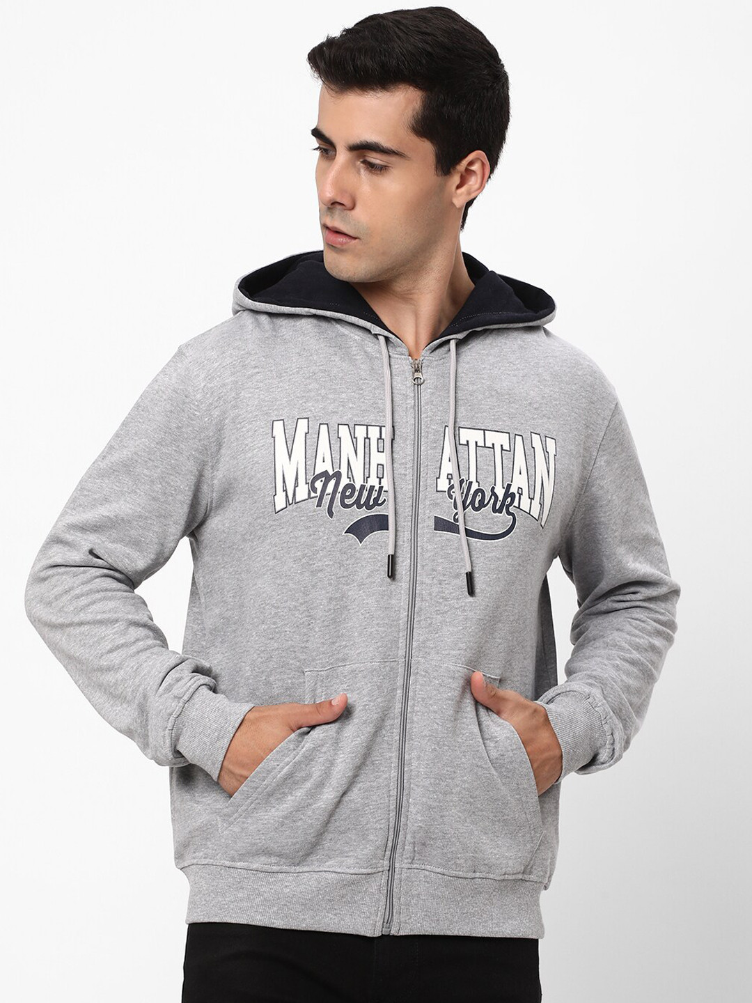 

R&B Typography Printed Hooded Bomber Jacket, Grey