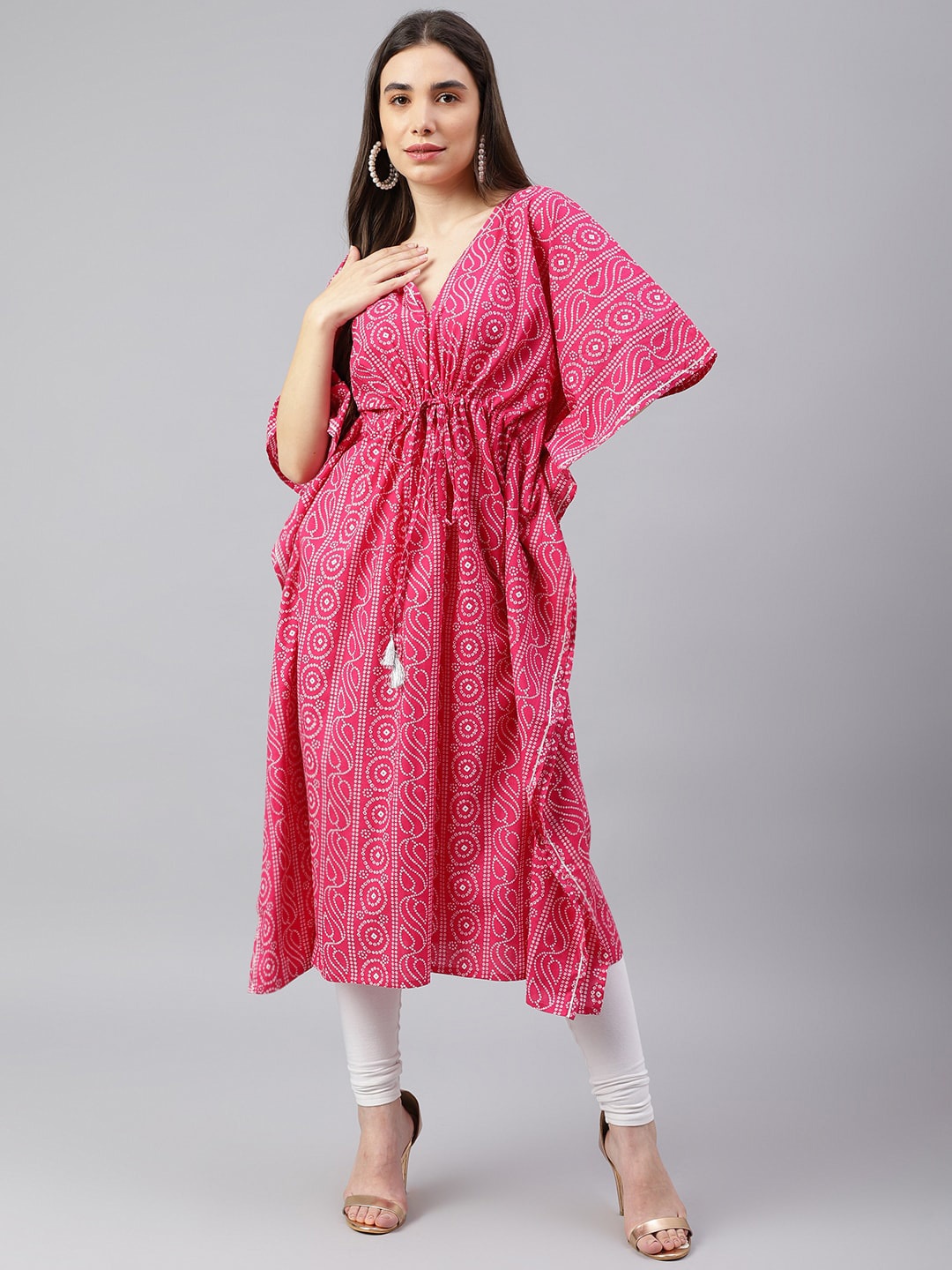 

DECKEDUP Bandhani Printed Kaftan Cotton Kurta, Magenta