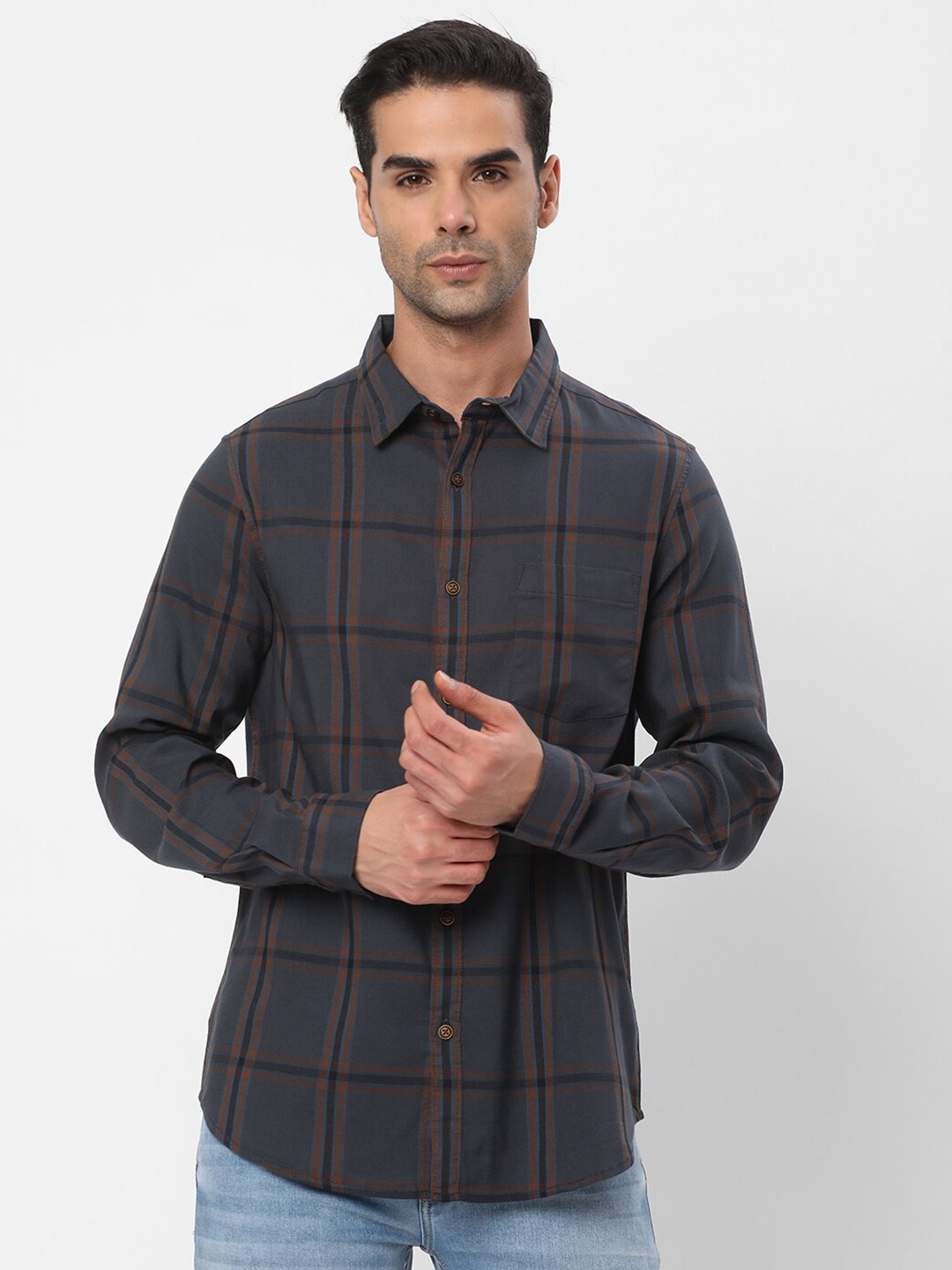

R&B Windowpane Checks Spread Collar Long Sleeve Cotton Casual Shirt, Blue