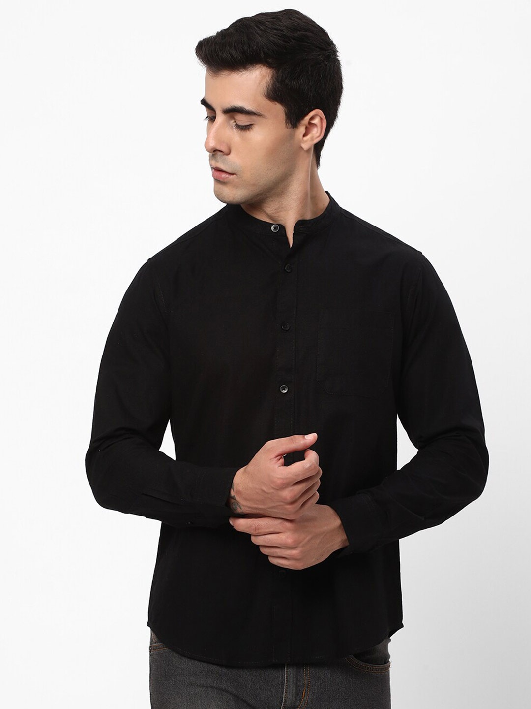 

R&B Regular Fit Band Collar Long Sleeve Pocket Cotton Casual Shirt, Black