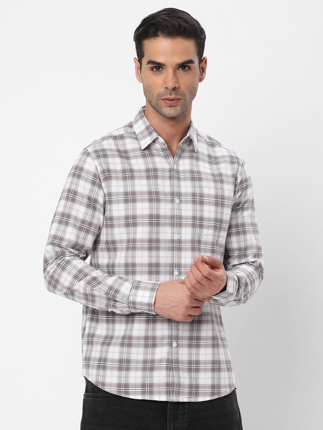 

R&B Tartan Checked Spread Collar Long Sleeve Cotton Casual Shirt, Brown