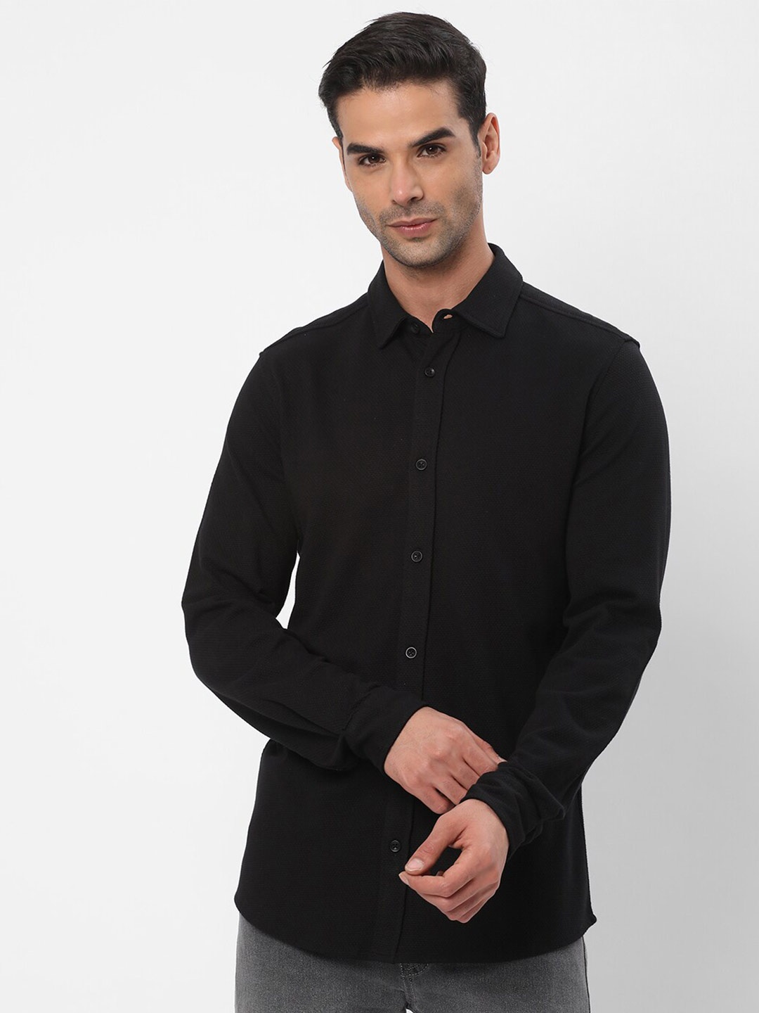 

R&B Regular Fit Spread Collar Long Sleeve Cotton Casual Shirt, Black