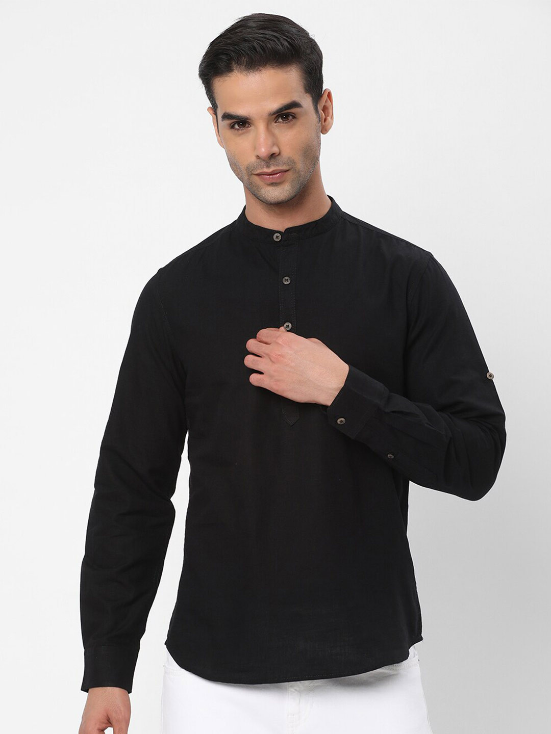 

R&B Regular Fit Band Collar Roll-Up Sleeves Cotton Casual Shirt, Black