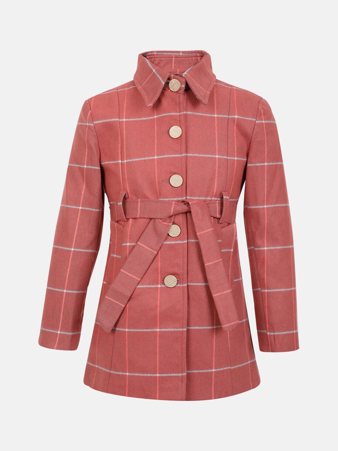 

CHKOKKO Girls Checked Single-Breasted Woollen Trench Coats, Peach