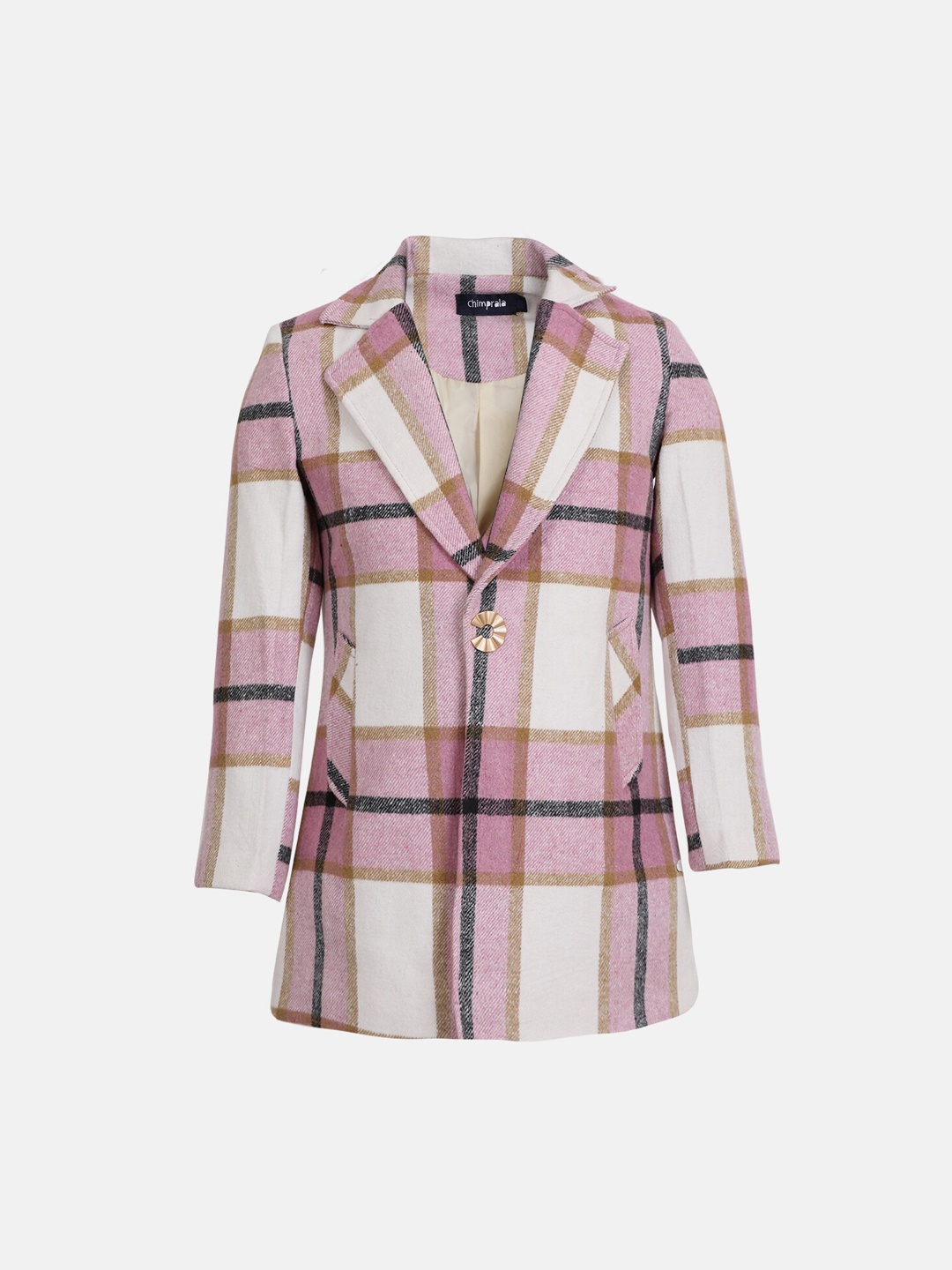 

CHKOKKO Girls Checked Woollen Single-Breasted Trench Coats, Pink
