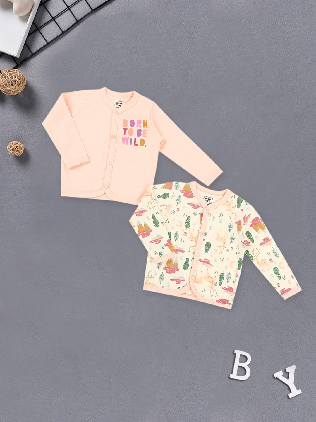 

MeeMee Infants Pack Of 2 Printed Cotton Jabla, Peach