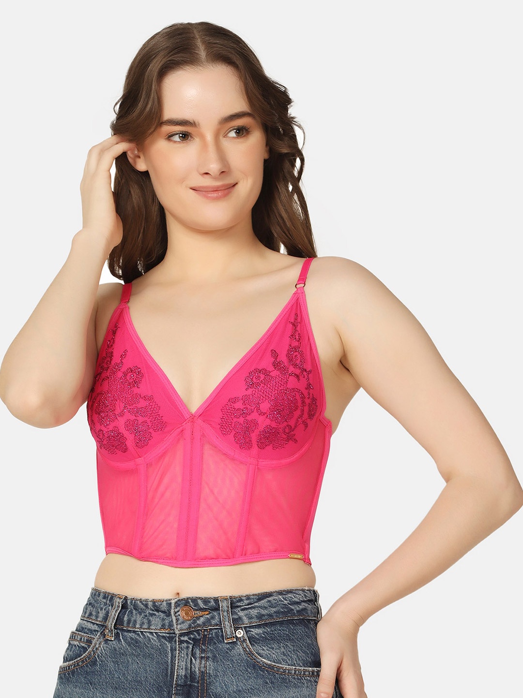 

Da Intimo Floral Self Design Medium Coverage Bralette Bra With All Day Comfort, Pink
