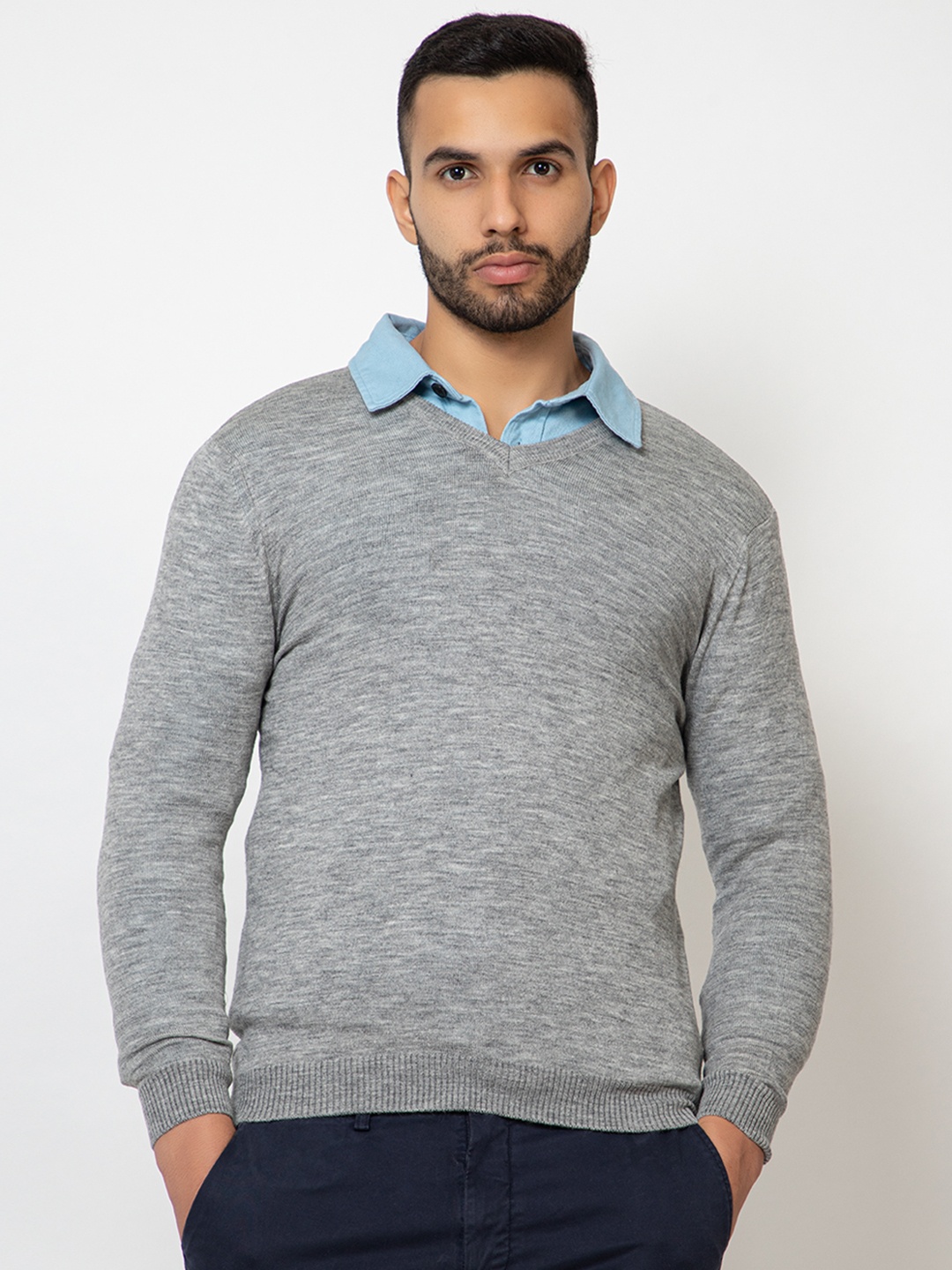 

ARMISTO V-Neck Long Sleeves Woollen Pullover Sweaters, Grey