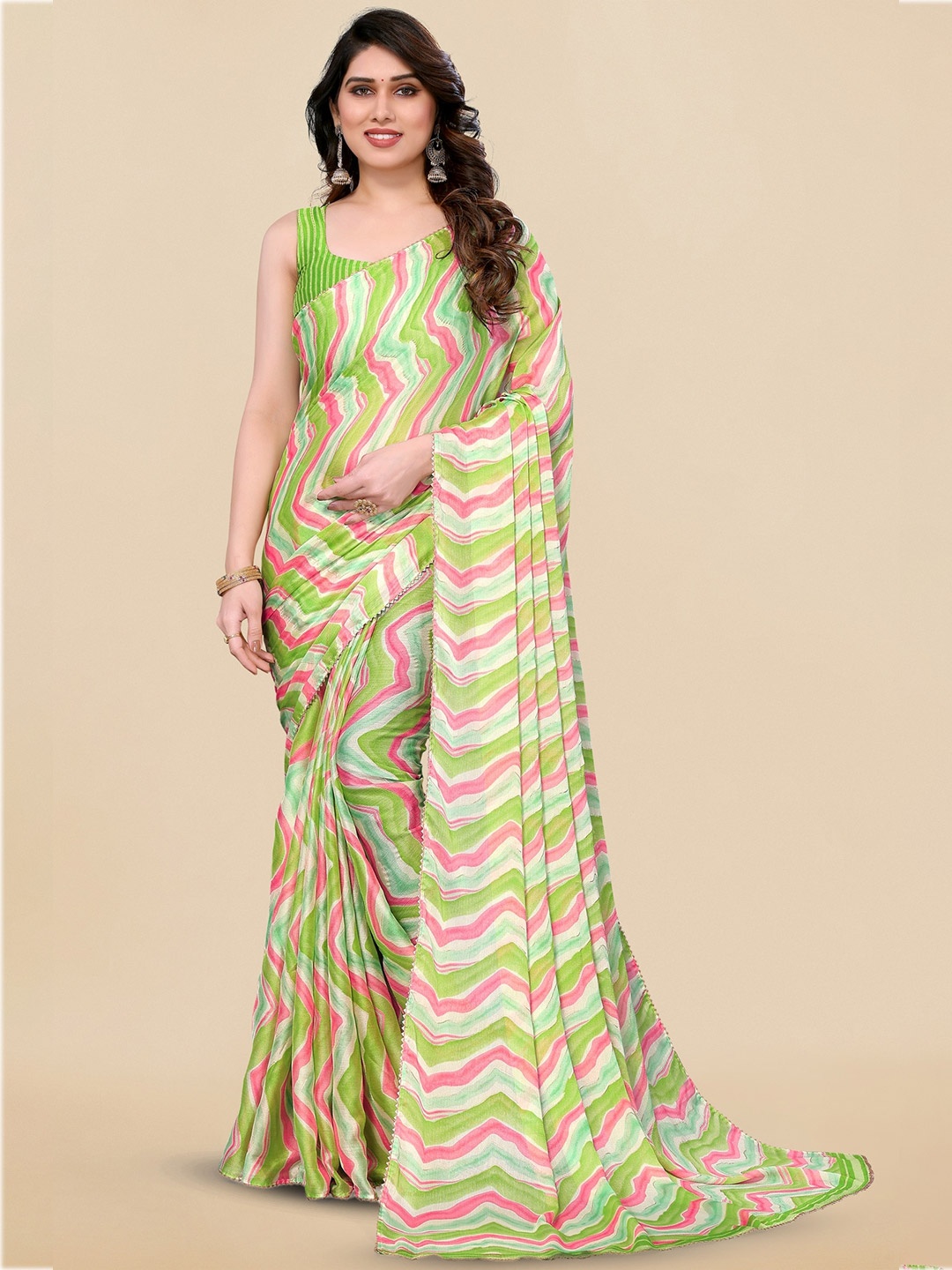 

MIRCHI FASHION Green & Pink Leheriya Printed Gotta Patti Poly Chiffon Leheriya Saree