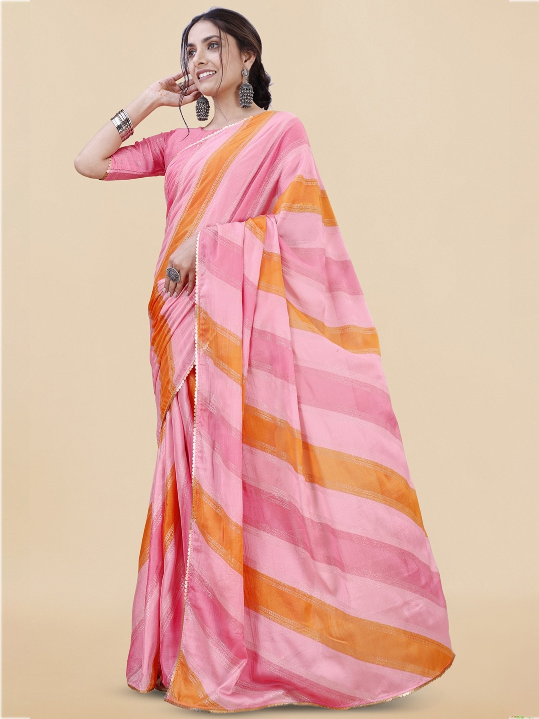

KALINI Striped Sequinned Leheriya Saree, Pink