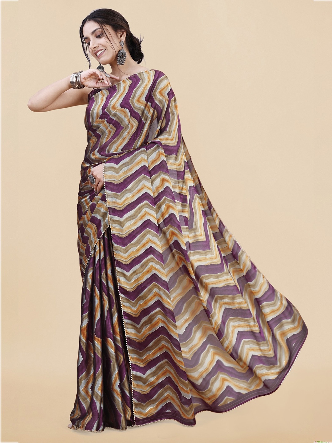 

MIRCHI FASHION Magenta & Green Leheriya Printed Gotta Patti Poly Chiffon Leheriya Saree