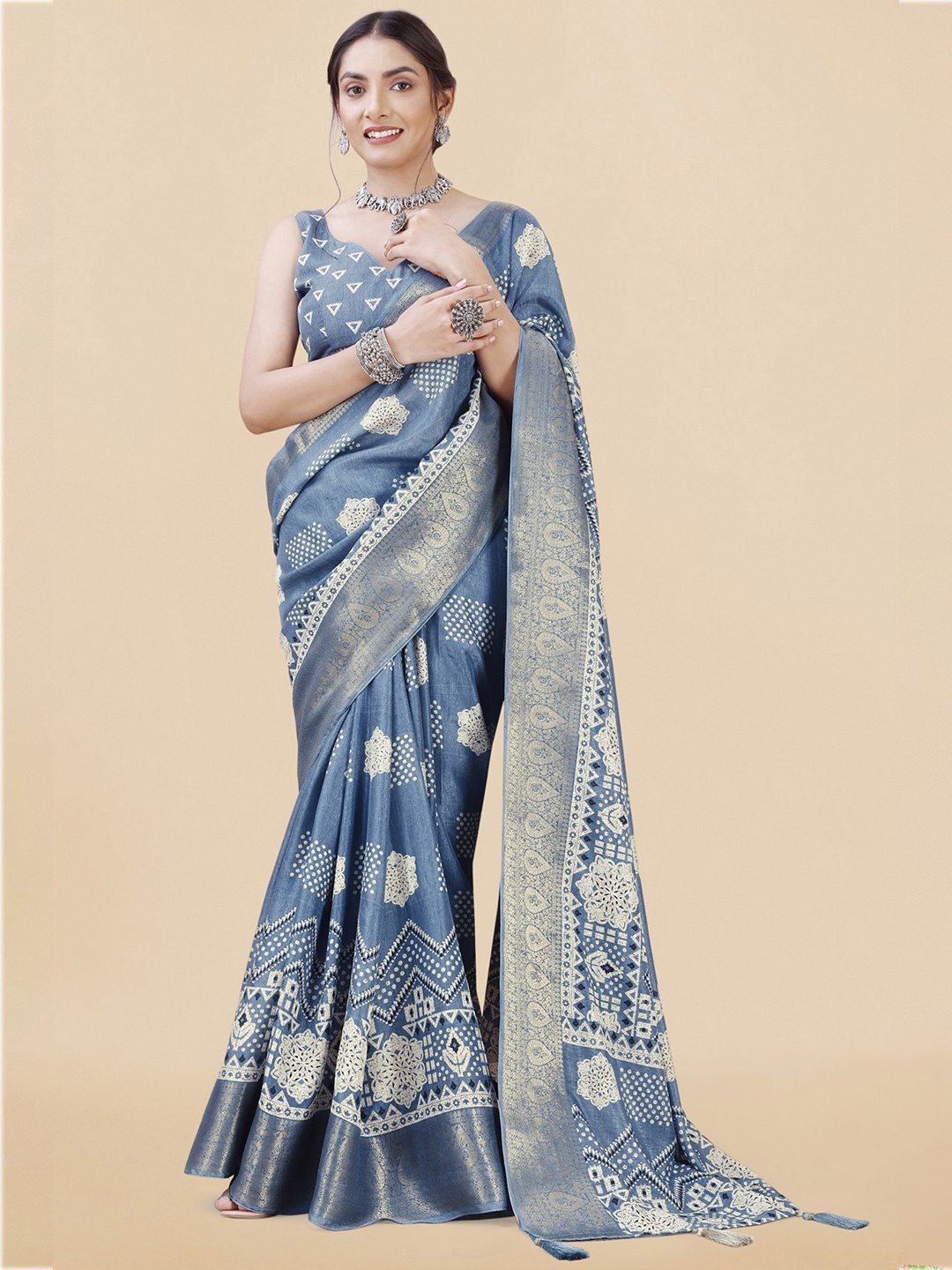 

MIRCHI FASHION Ethnic Motifs Printed Zari Saree, Blue
