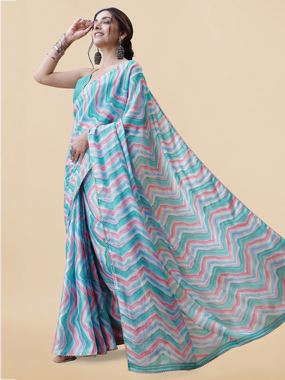 

MIRCHI FASHION Blue & Pink Leheriya Gotta Patti Poly Chiffon Leheriya Saree