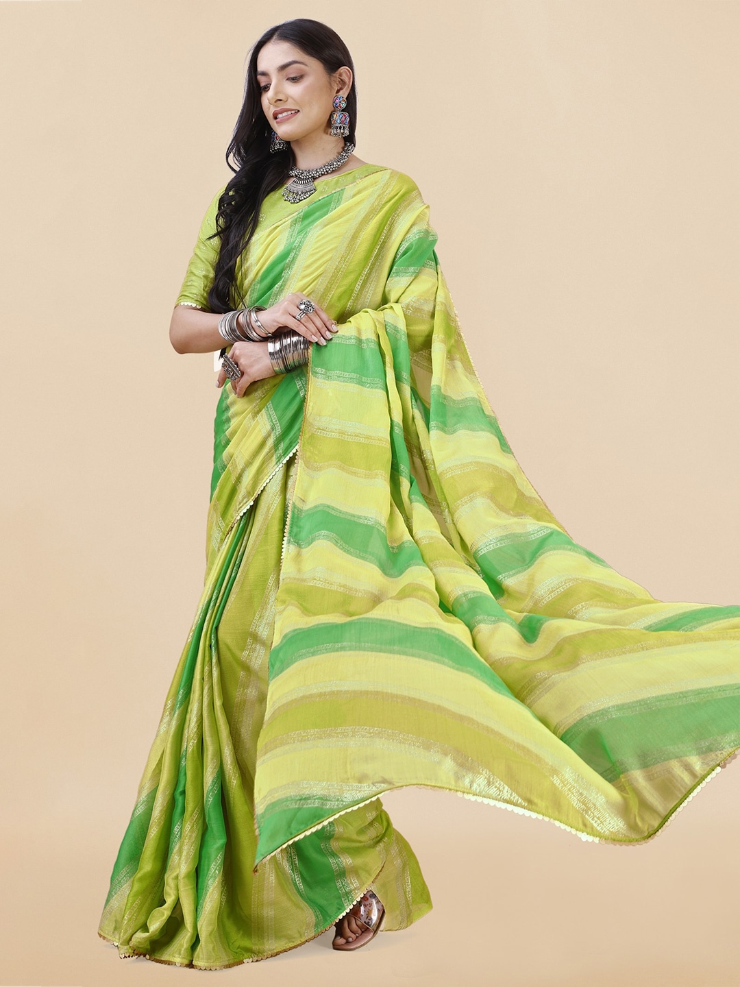 

KALINI Striped Sequinned Leheriya Saree, Yellow