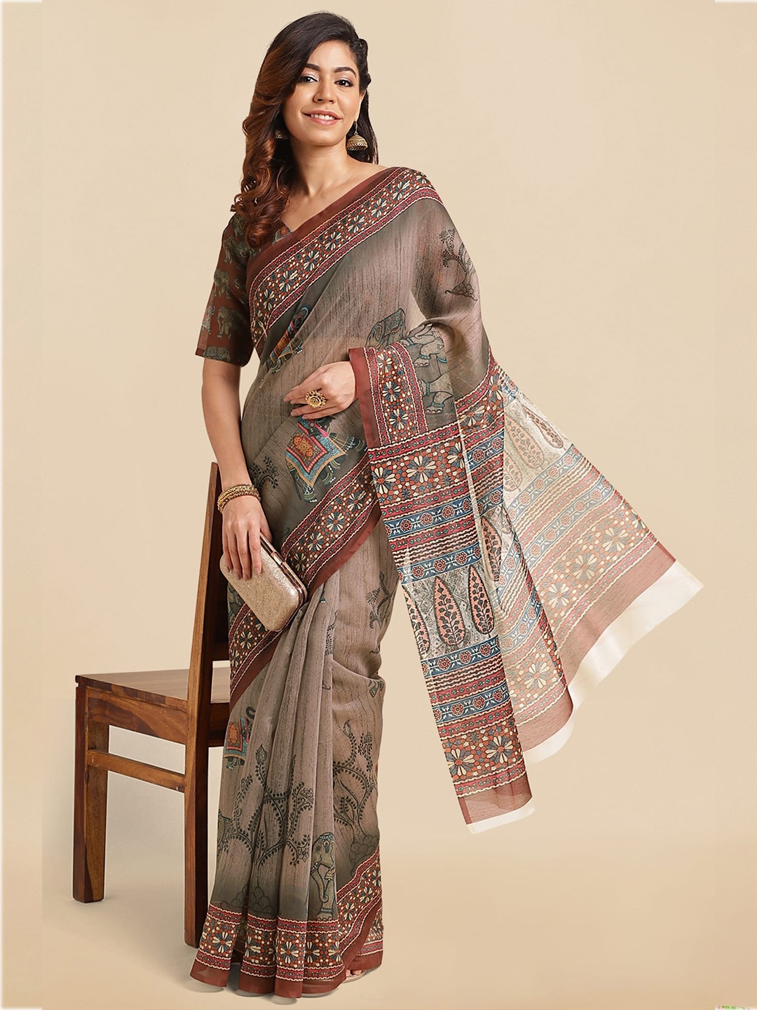 

MIRCHI FASHION Ethnic Motifs Printed Saree, Beige