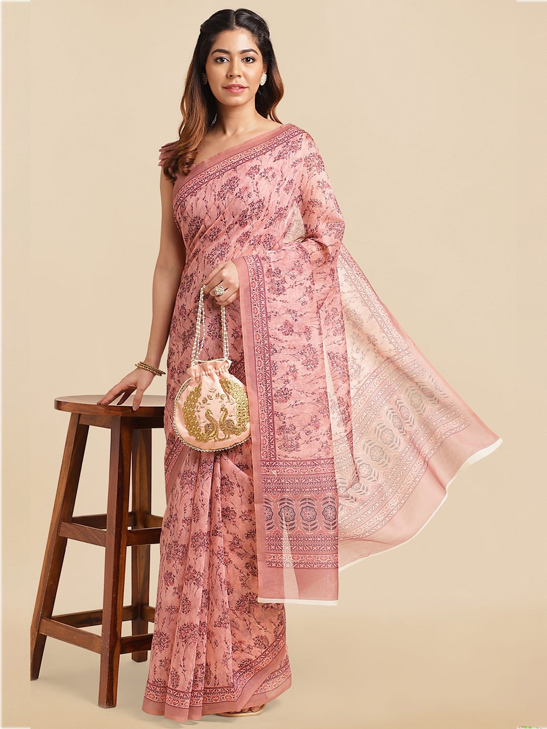 

MIRCHI FASHION Peach-Coloured & Purple Ethnic Motifs Printed Block Print Saree