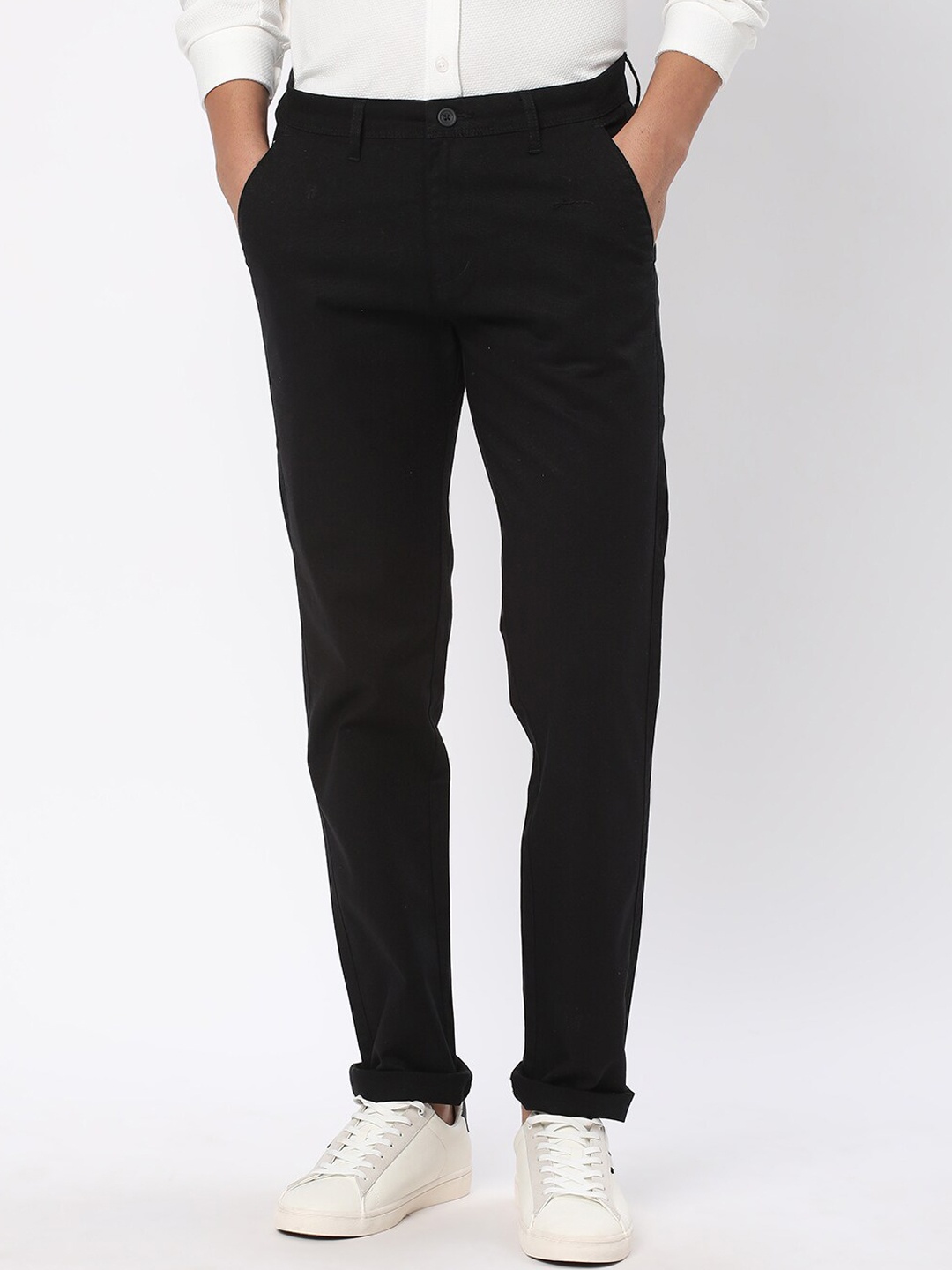 

R&B Men Mid-Rise Slim Fit Cotton Trousers, Black