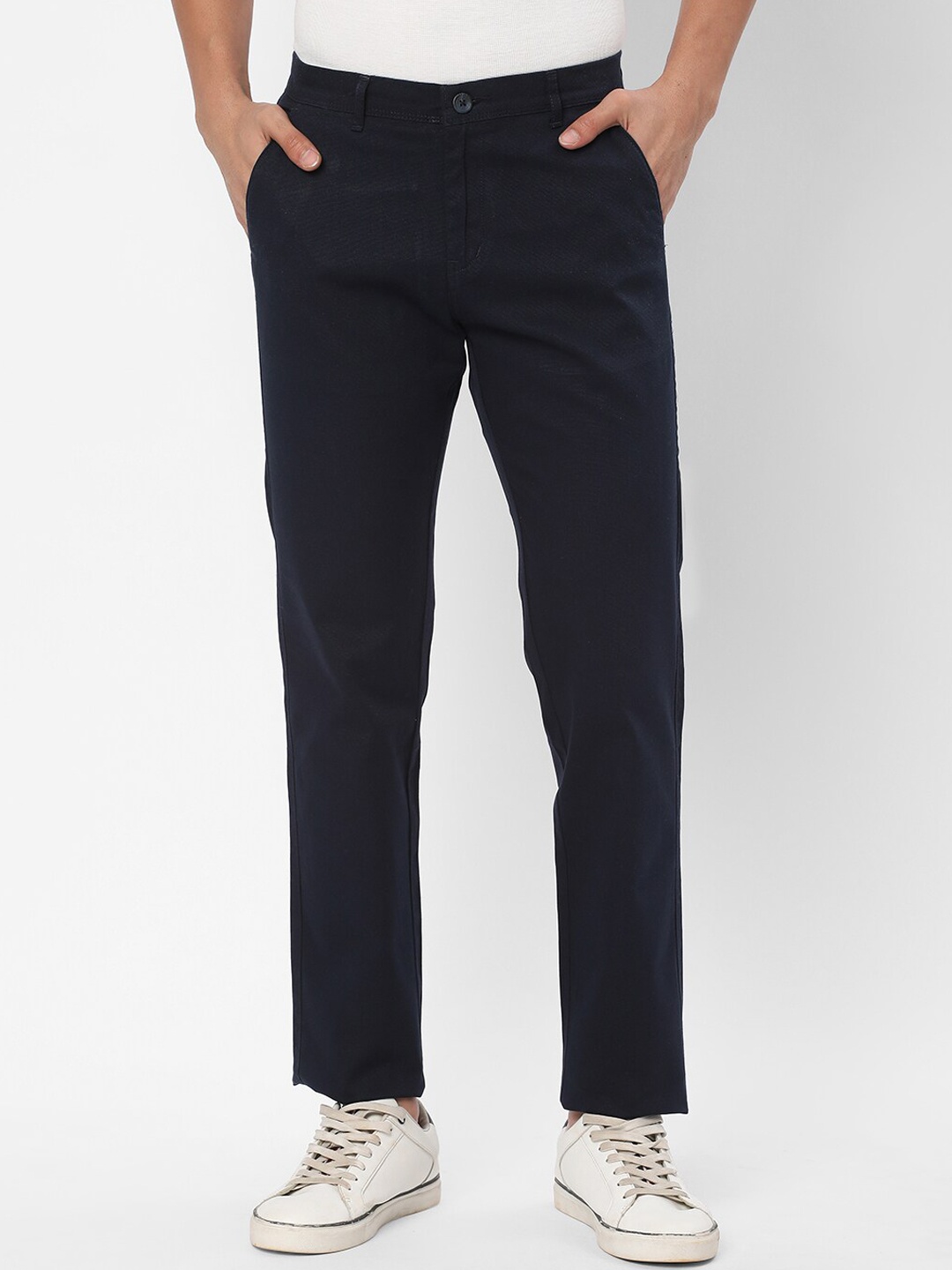 

R&B Men Mid-Rise Slim Fit Cotton Trousers, Navy blue