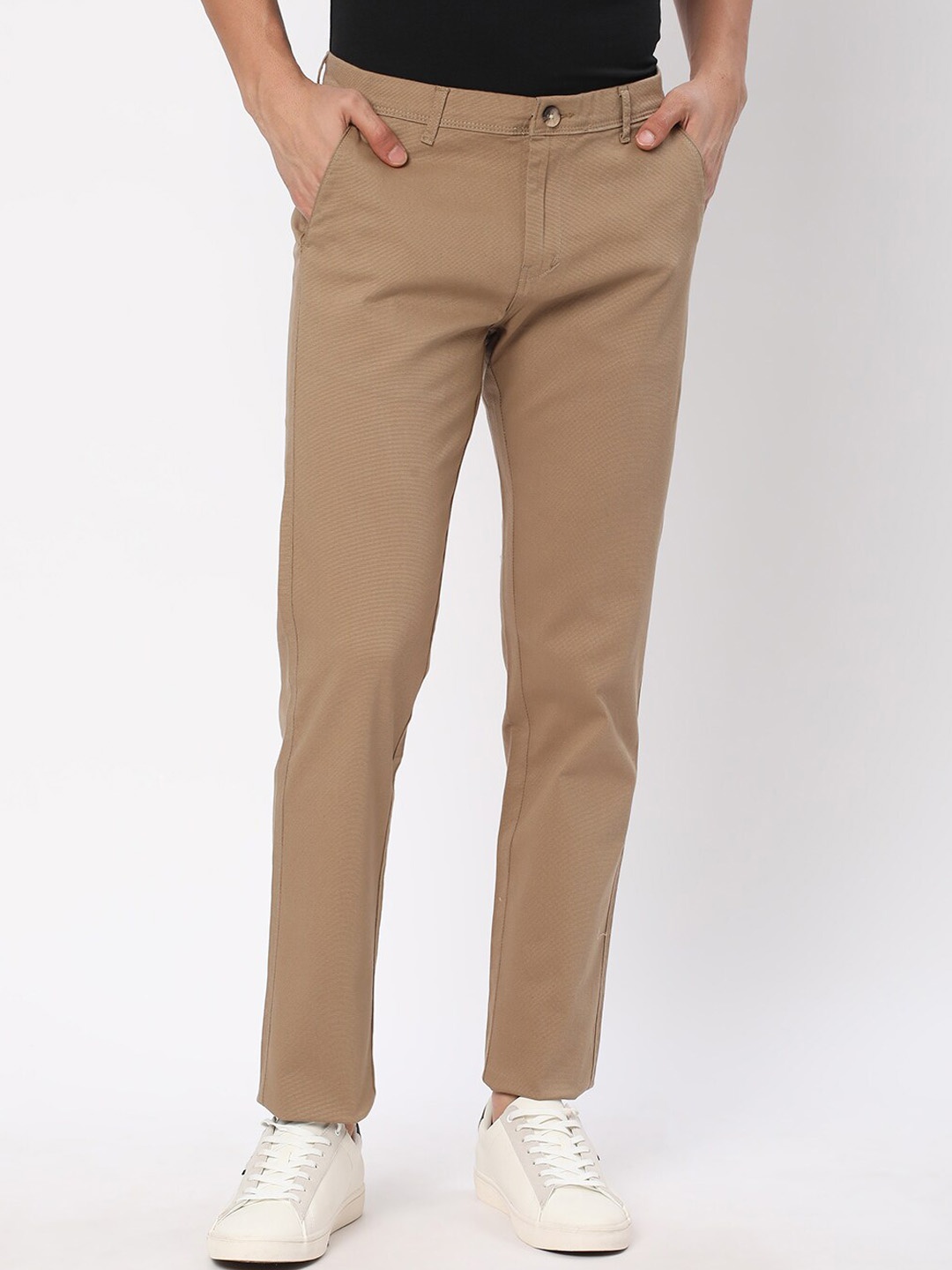 

R&B Men Mid-Rise Slim Fit Cotton Trousers, Beige